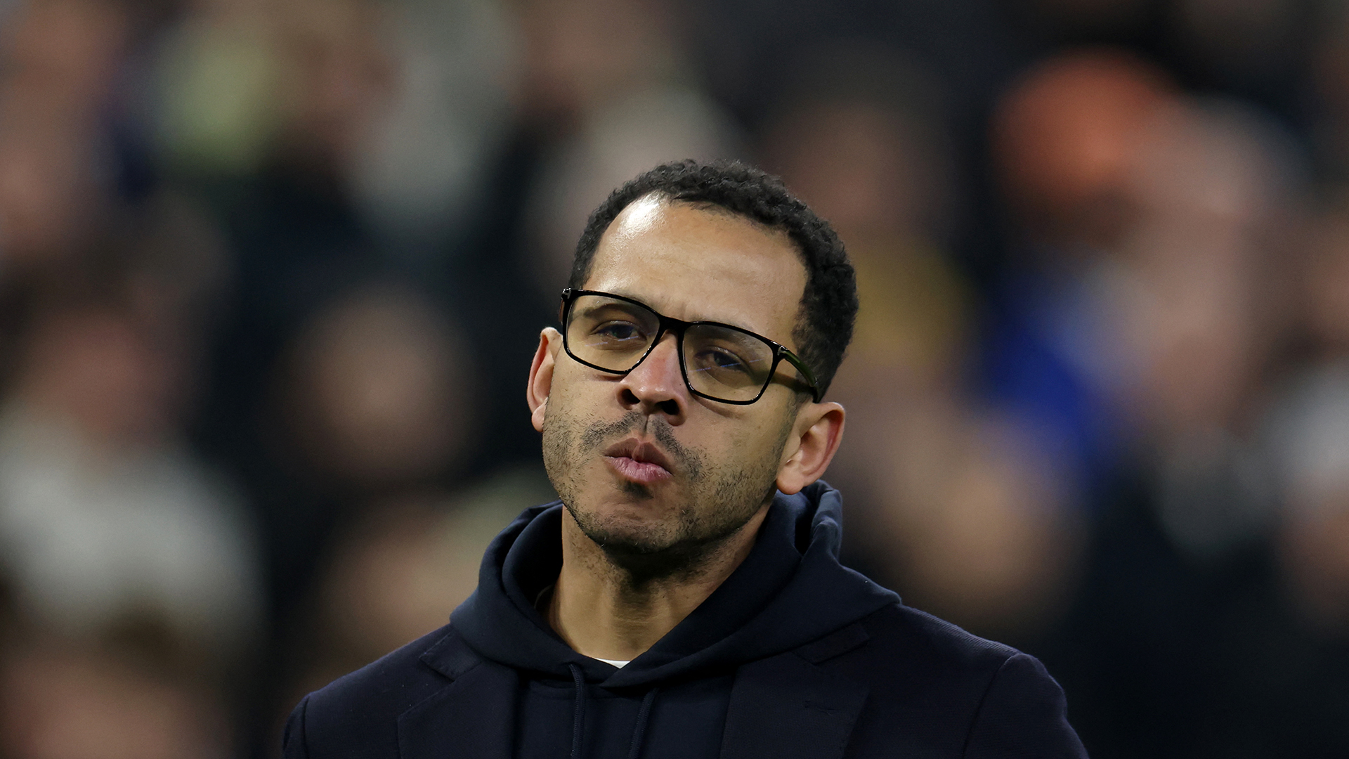 Chelsea's English head coach Liam Rosenior reacts following the English Premier League football match between Everton and Chelsea at the Hill Dickinson Stadium in Liverpool, north west England on March 21, 2026.