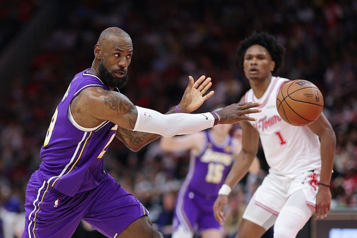 LeBron James #23 of the Los Angeles Lakers passes the ball during the first half against the Houston Rockets