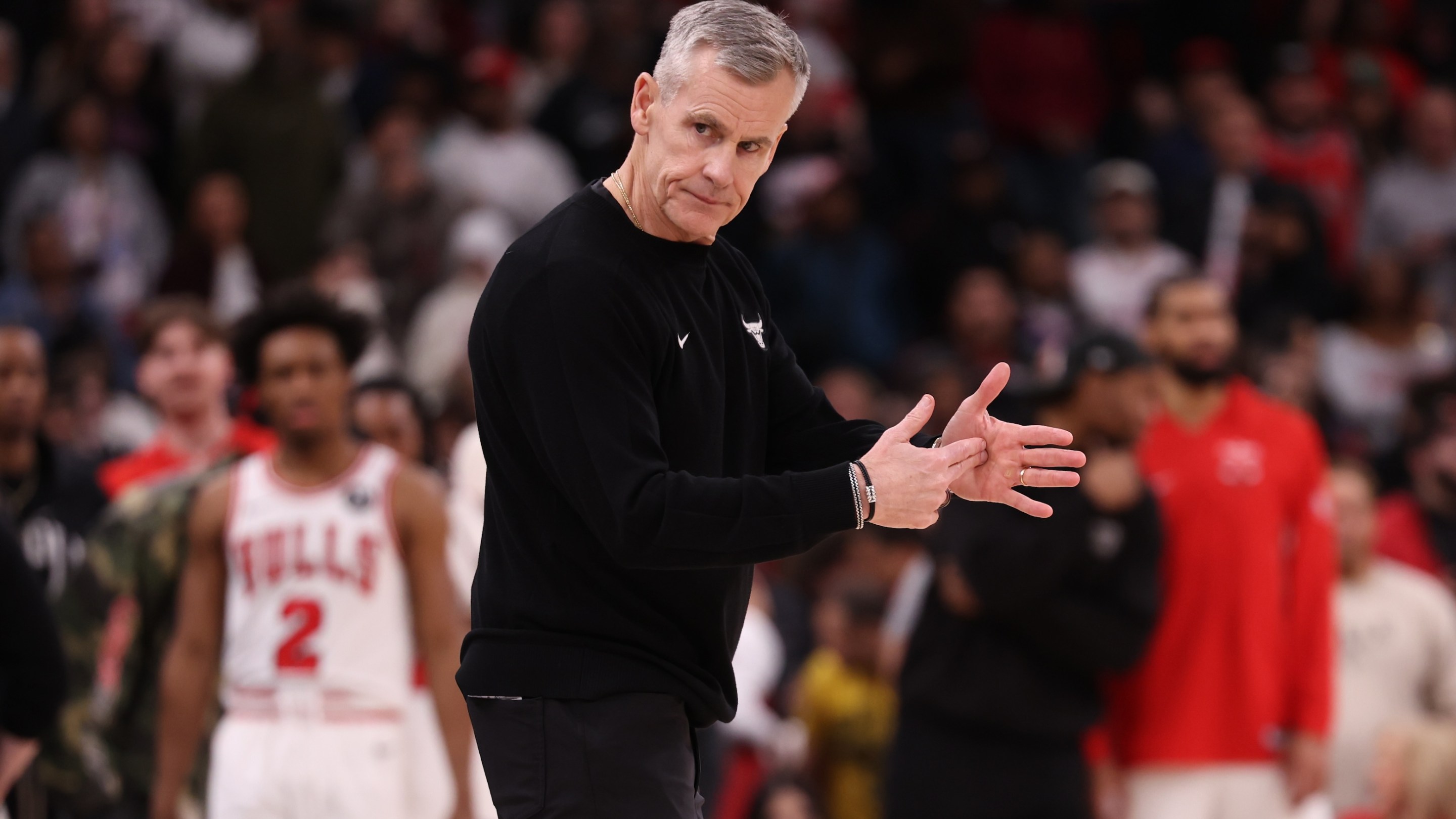 Head coach Billy Donovan of the Chicago Bulls calls a timeout during the second half against the Houston Rockets at the United Center on March 23, 2026.