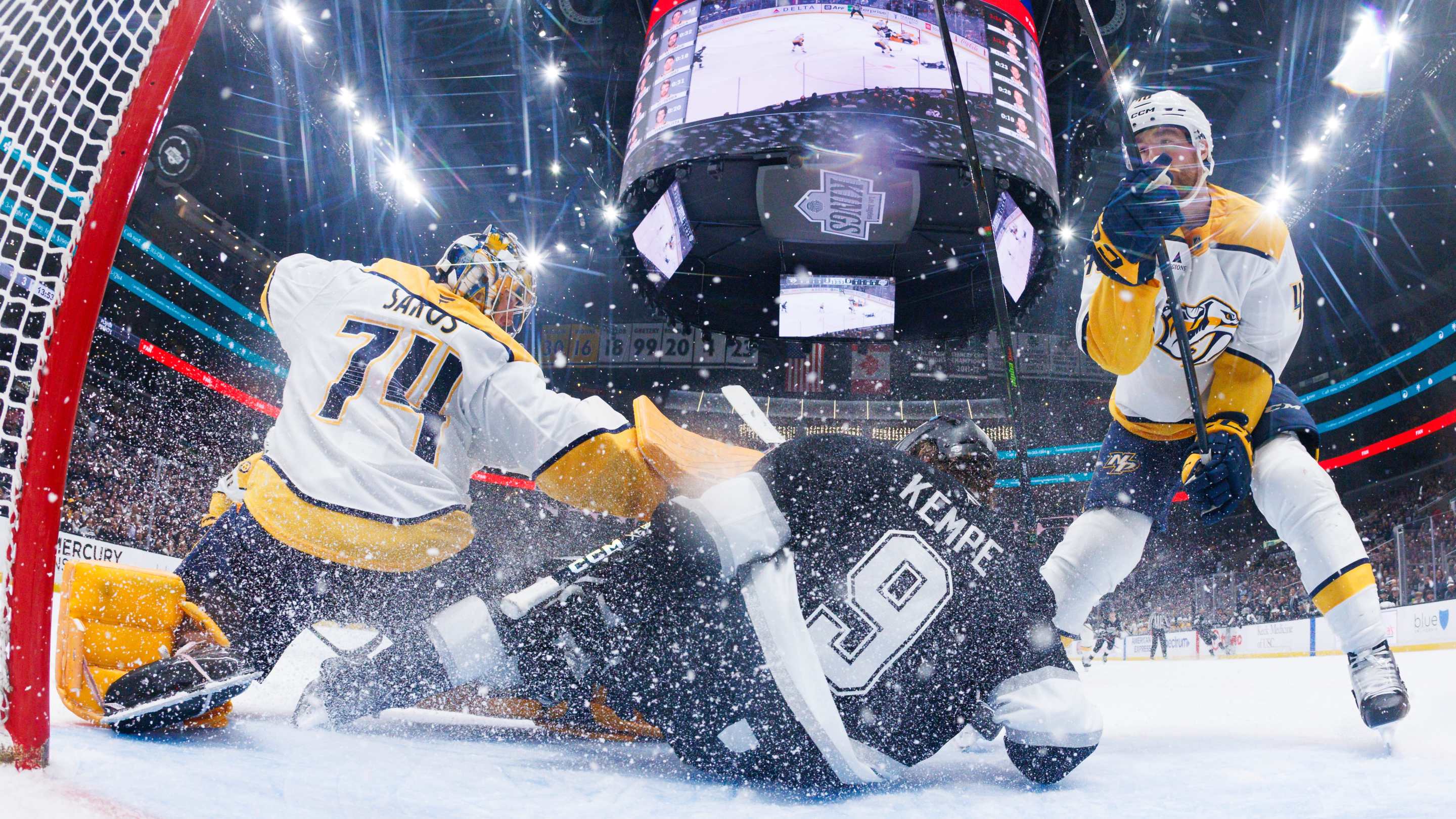 Adrian Kempe #9 of the Los Angeles Kings scores against Juuse Saros