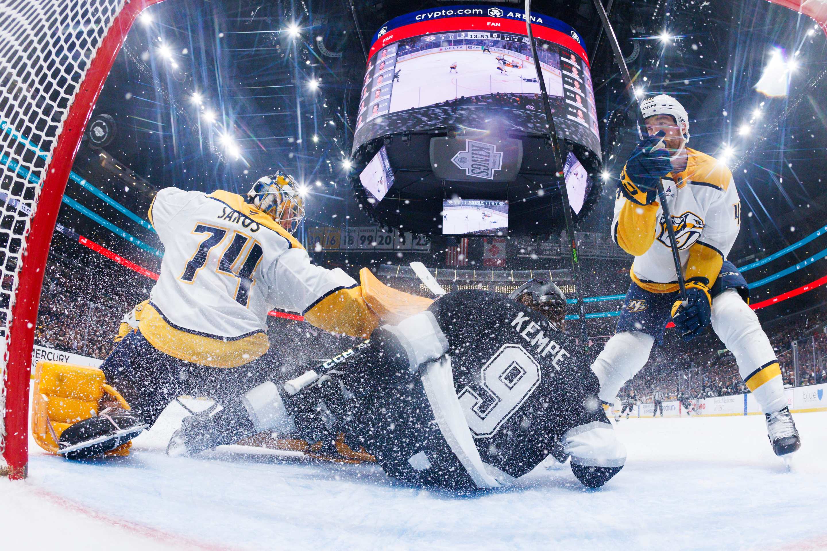 Adrian Kempe #9 of the Los Angeles Kings scores against Juuse Saros