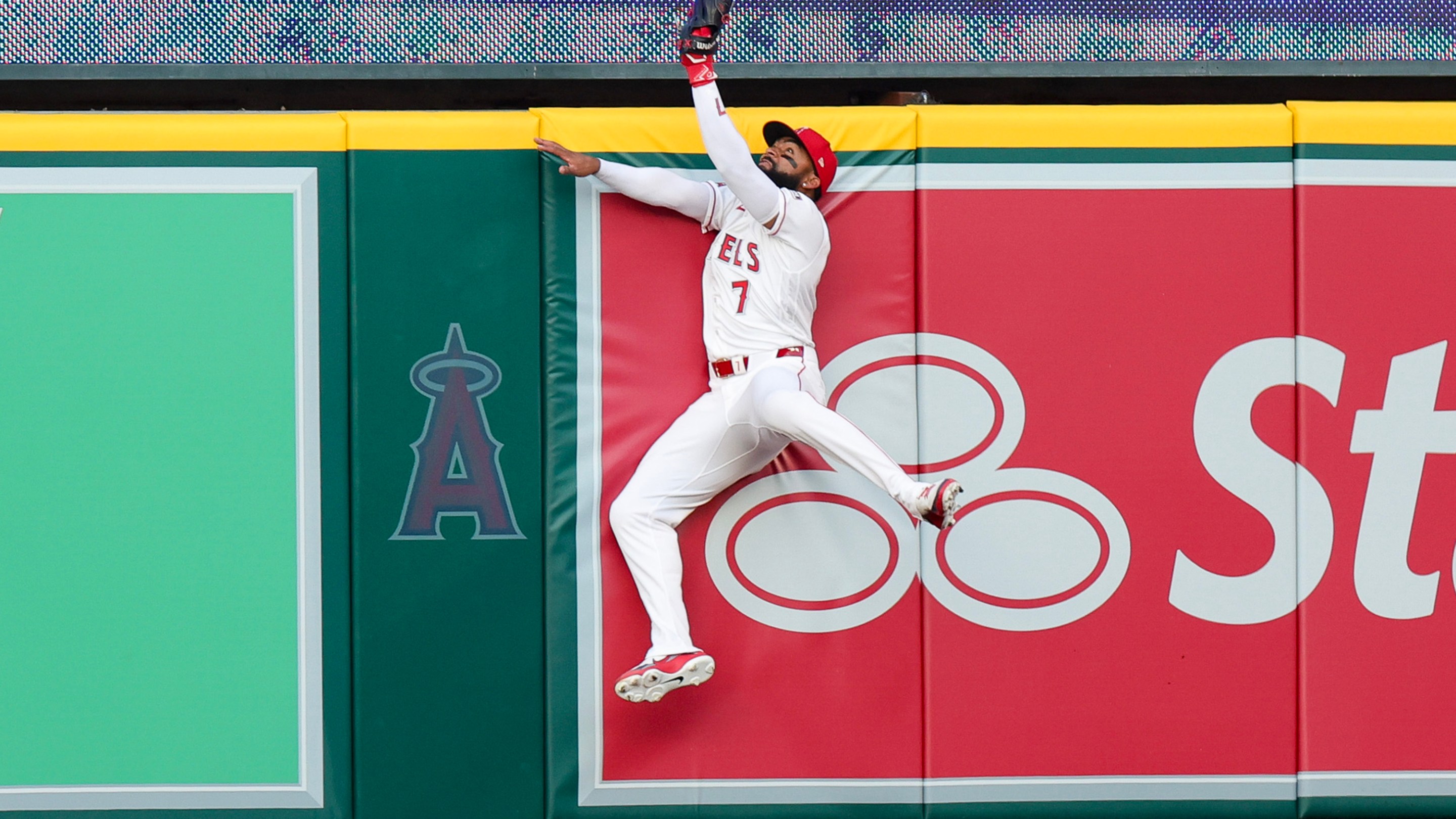 of the Los Angeles Angels catches a fly ball hit by Cal Raleigh #29 of the Seattle Mariners during the first inning of the baseball game at Angel Stadium of Anaheim on April 4, 2026.