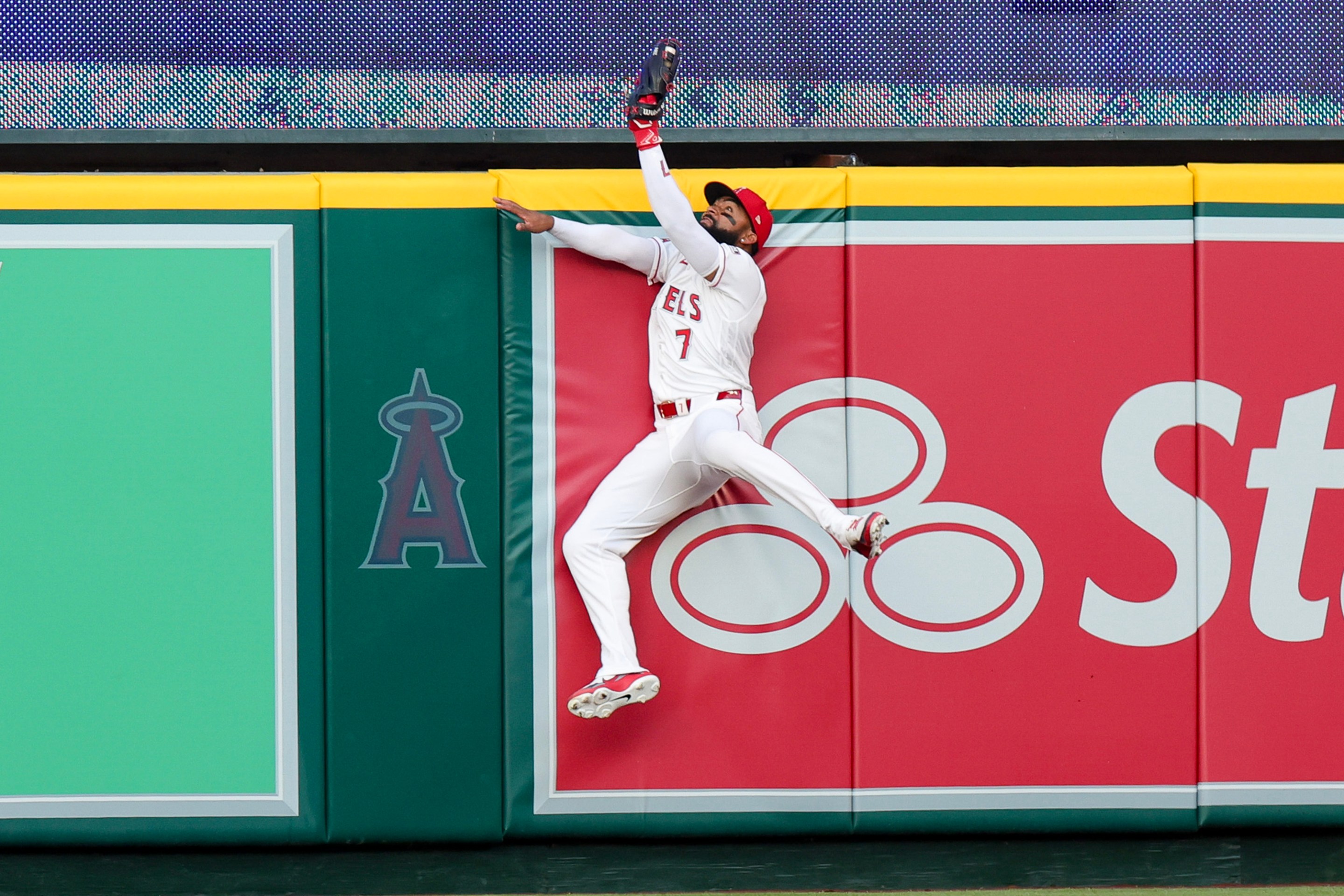 of the Los Angeles Angels catches a fly ball hit by Cal Raleigh #29 of the Seattle Mariners during the first inning of the baseball game at Angel Stadium of Anaheim on April 4, 2026.