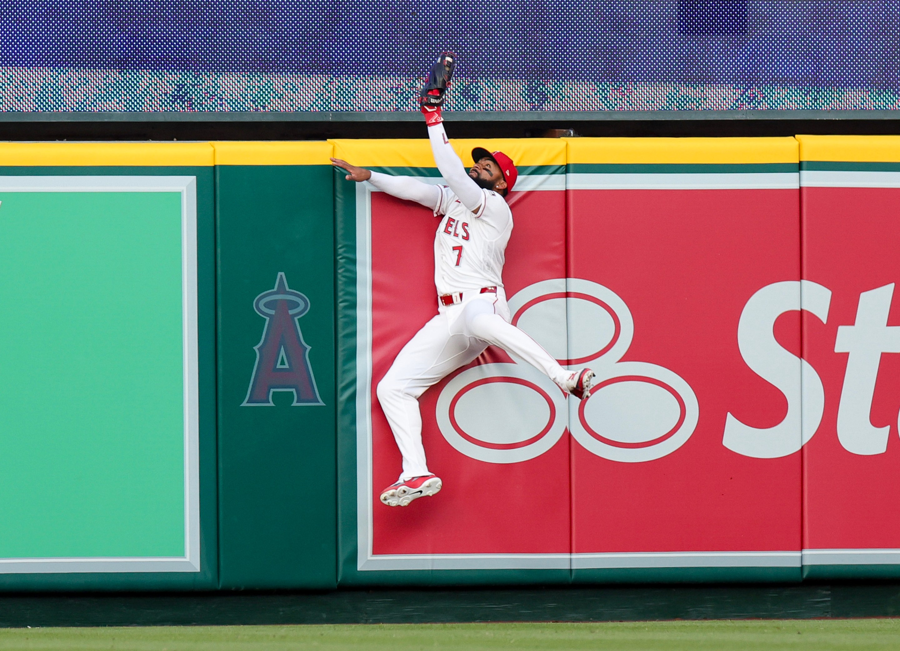 of the Los Angeles Angels catches a fly ball hit by Cal Raleigh #29 of the Seattle Mariners during the first inning of the baseball game at Angel Stadium of Anaheim on April 4, 2026.