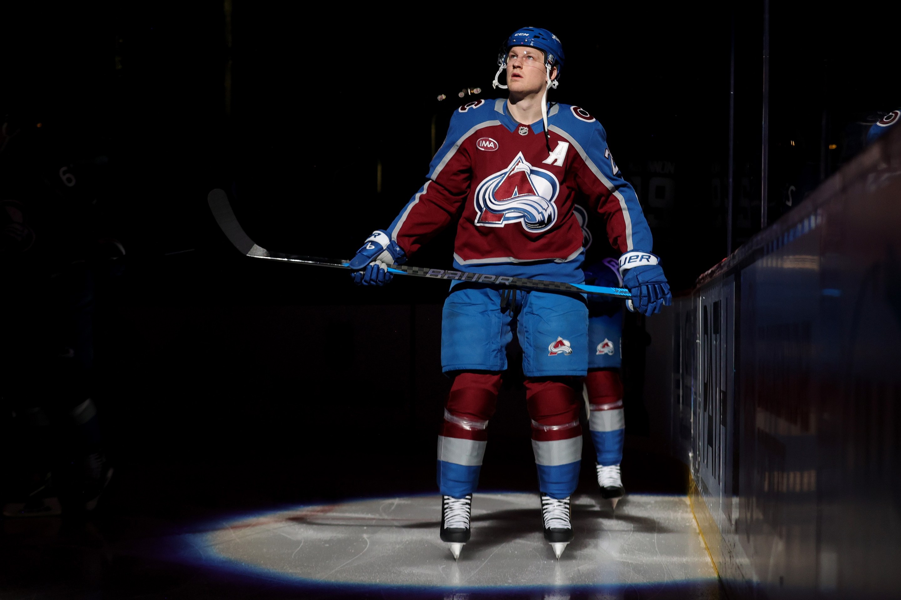 DENVER, COLORADO - APRIL 09: Nathan MacKinnon #29 of the Colorado Avalanche skates against the Calgary Flames prior to the game at Ball Arena on April 9, 2026 in Denver, Colorado. (Photo by Michael Martin/NHLI via Getty Images)