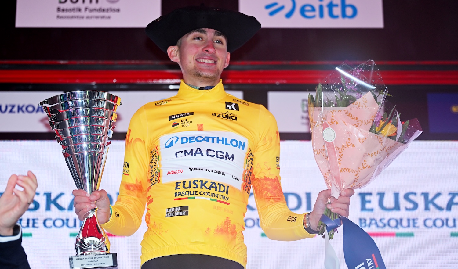 BERGARA, SPAIN - APRIL 11: Paul Seixas of France and Team Decathlon CMA CGM celebrates at podium as Yellow Leader Jersey and overall final race winner with the "Txapela" hat trophy during the 65th Itzulia Basque Country 2026, Stage 6 a 135.2km stage from Goizper-Antzuola to Bergara / #UCIWT / on April 11, 2026 in Bergara, Spain. (Photo by Tim de Waele/Getty Images)