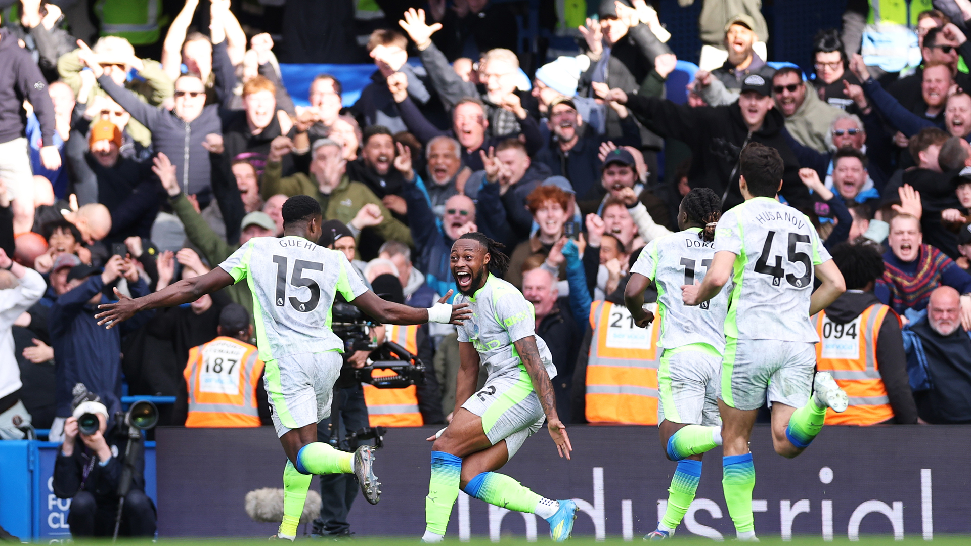 Marc Guehi of Manchester City celebrates scoring his team's second goal with Antoine Semenyo during the Premier League match between Chelsea and Manchester City at Stamford Bridge on April 12, 2026 in London, England.