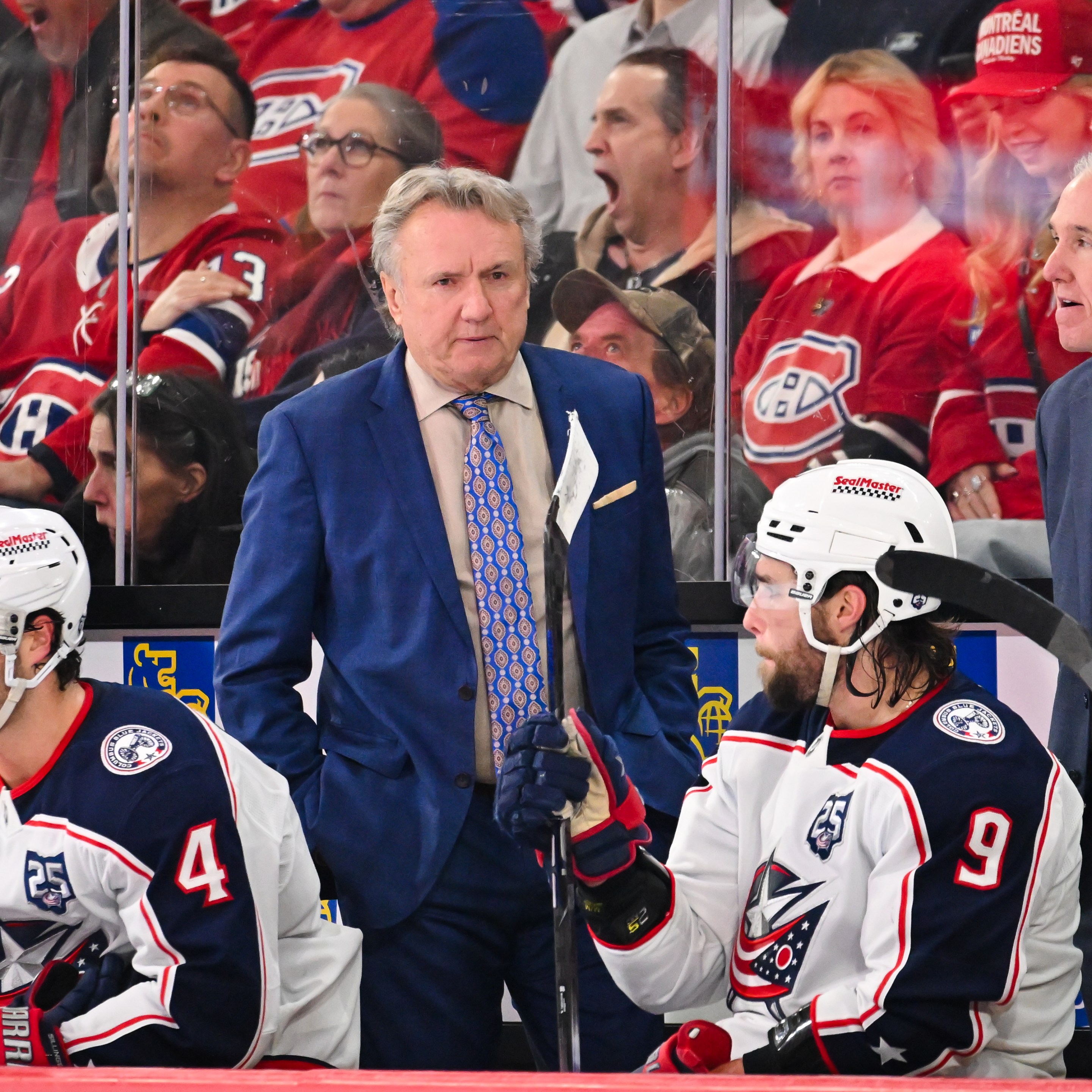 MONTREAL, CANADA - APRIL 11: Head coach Rick Bowness of the Columbus Blue Jackets handles bench duties during the second period against the Montréal Canadiens at the Bell Centre on April 11, 2026 in Montreal, Quebec, Canada. The Columbus Blue Jackets defeated the Montréal Canadiens 5-2. (Photo by Minas Panagiotakis/Getty Images)