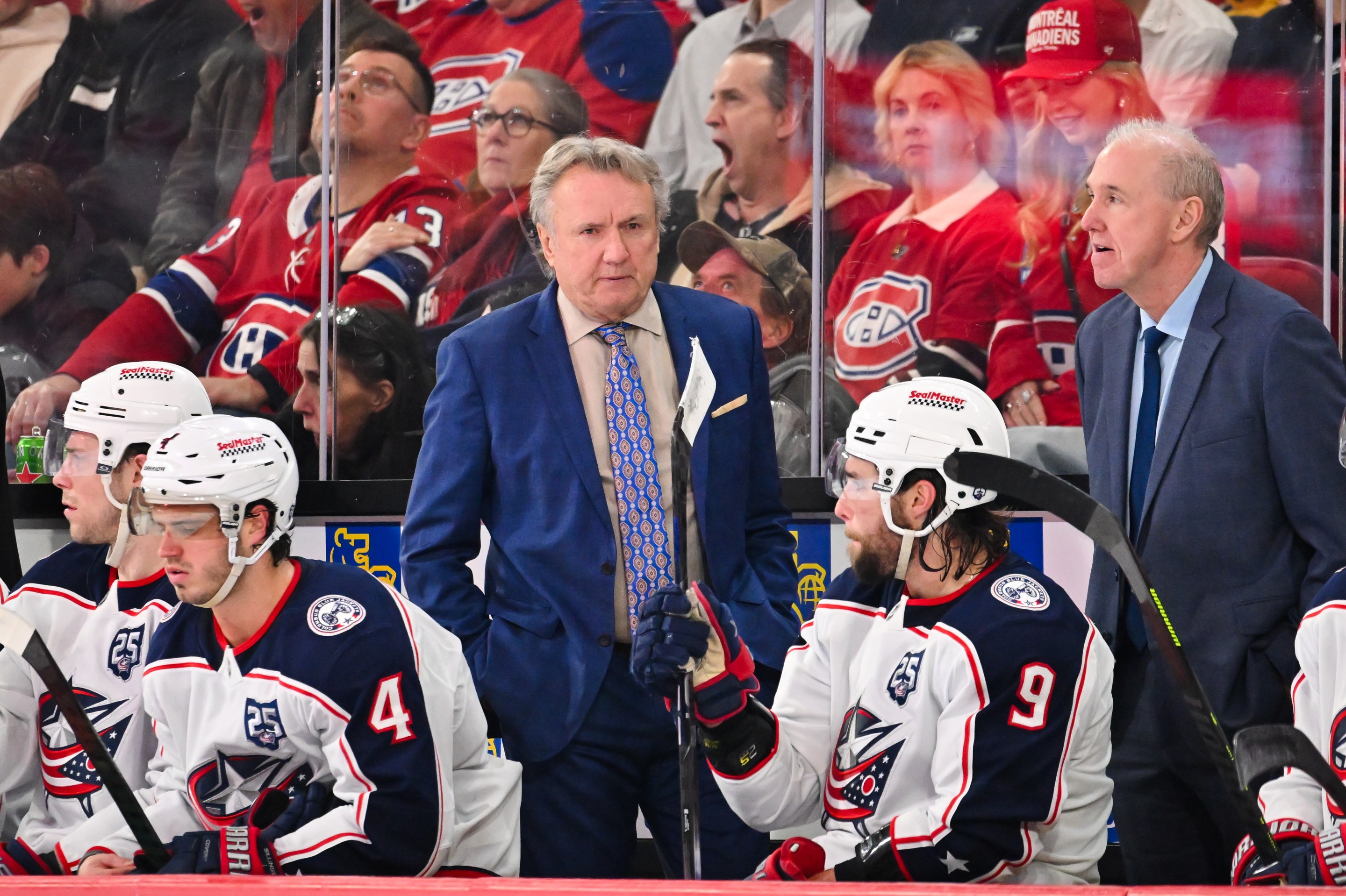 MONTREAL, CANADA - APRIL 11: Head coach Rick Bowness of the Columbus Blue Jackets handles bench duties during the second period against the Montréal Canadiens at the Bell Centre on April 11, 2026 in Montreal, Quebec, Canada. The Columbus Blue Jackets defeated the Montréal Canadiens 5-2. (Photo by Minas Panagiotakis/Getty Images)