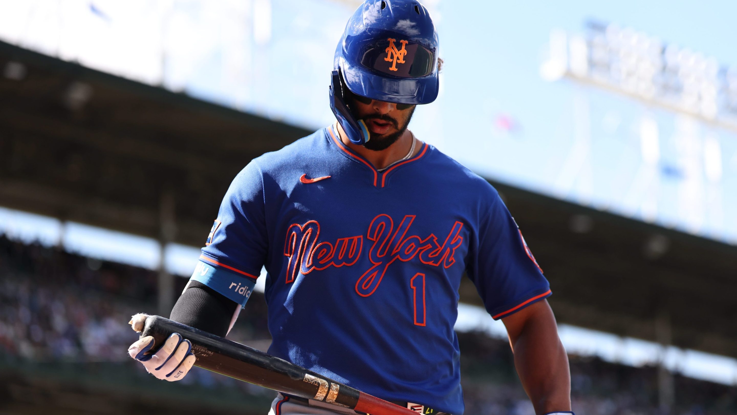 MJ Melendez #1 of the New York Mets reacts after striking out