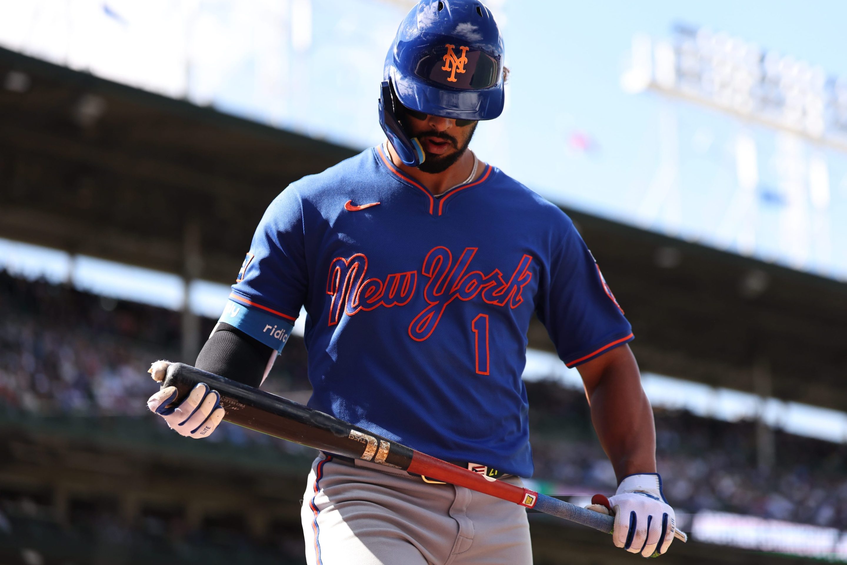 MJ Melendez #1 of the New York Mets reacts after striking out