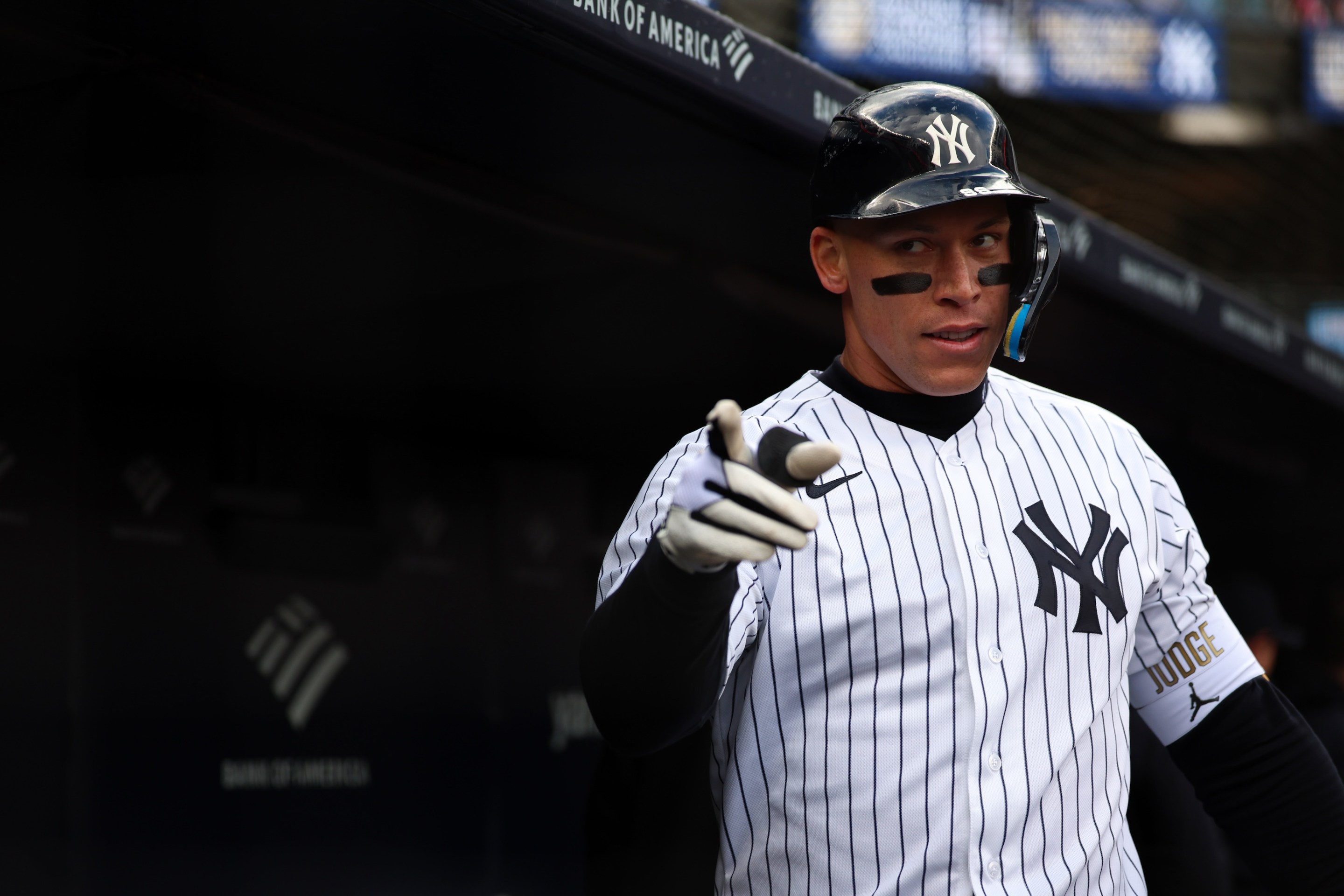 Aaron Judge of the New York Yankees reacts after hitting a two-run home run during the game against the Kansas City Royals at Yankee Stadium on April 19, 2026 in New York.