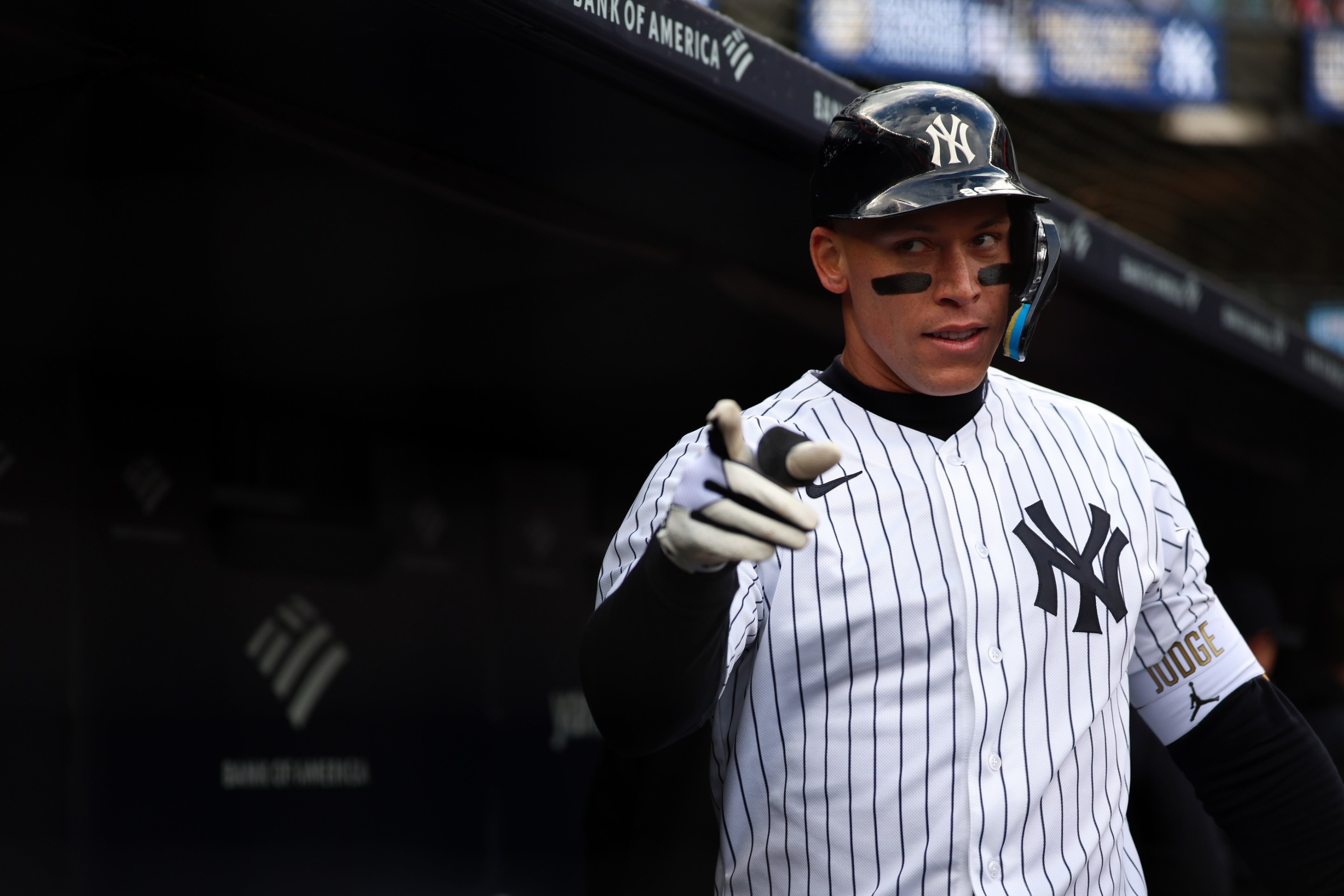 Aaron Judge of the New York Yankees reacts after hitting a two-run home run during the game against the Kansas City Royals at Yankee Stadium on April 19, 2026 in New York.