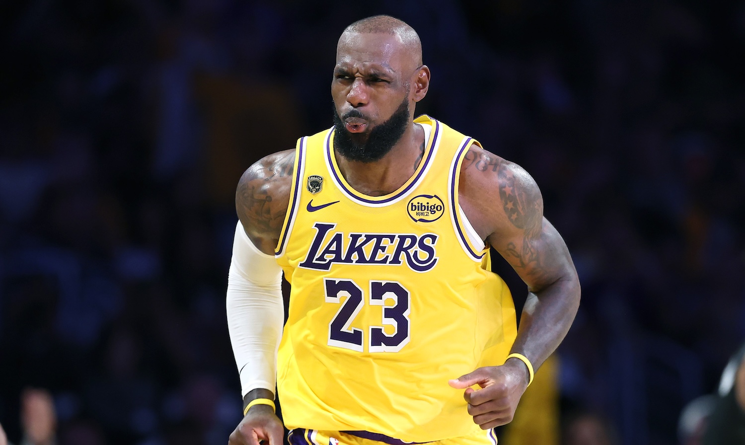 LOS ANGELES, CALIFORNIA - APRIL 18: LeBron James #23 of the Los Angeles Lakers reacts after making a three point shot during the second half of Game One of the First Round of the NBA Western Conference Playoffs against the Houston Rockets at Crypto.com Arena on April 18, 2026 in Los Angeles, California. (Photo by Sean M. Haffey/Getty Images)
