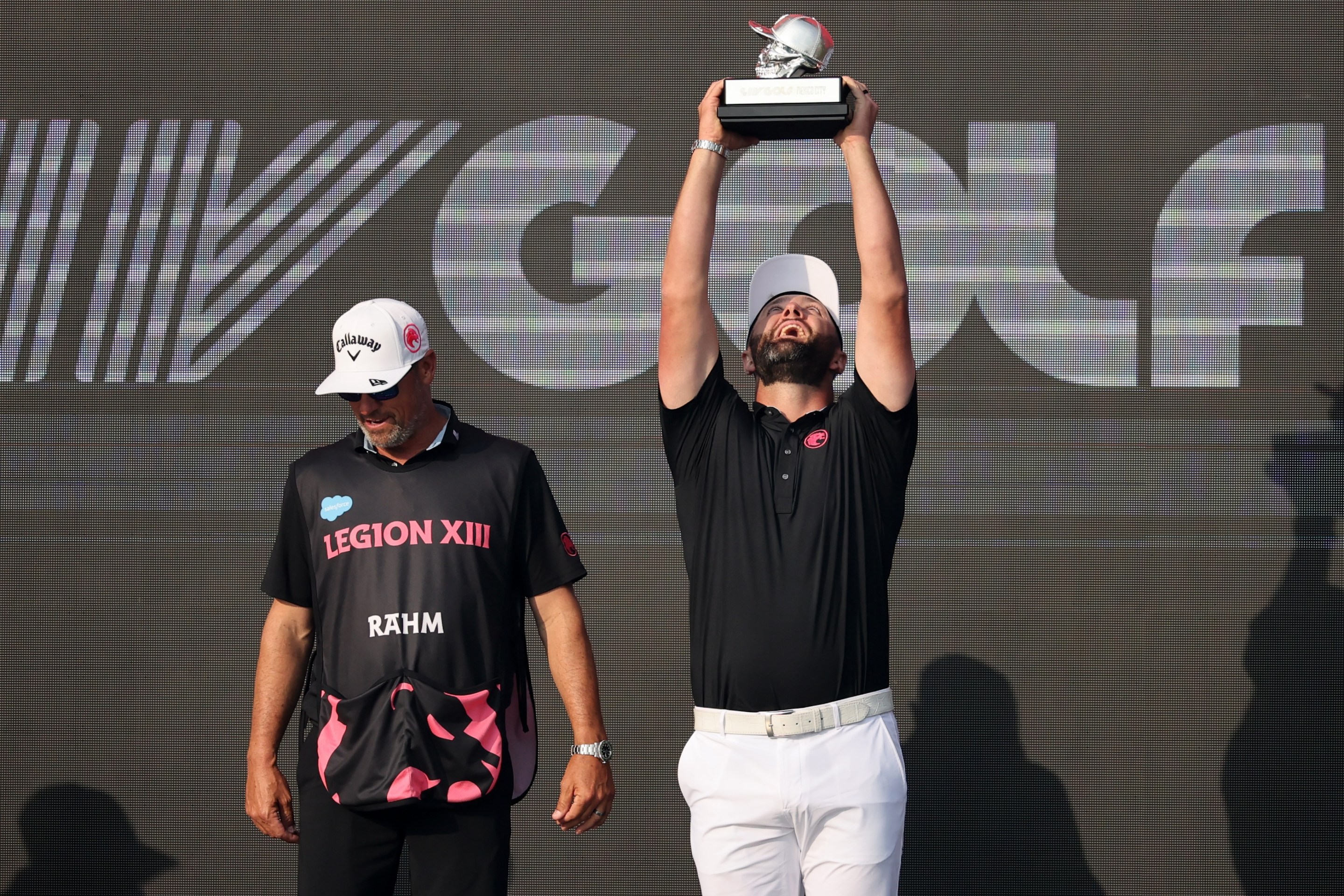 Jon Rahm of Legion XIII celebrates with the trophy after winning the final round of LIV Golf Mexico City at Club de Golf Chapultepec on April 19, 2026 in Mexico City.
