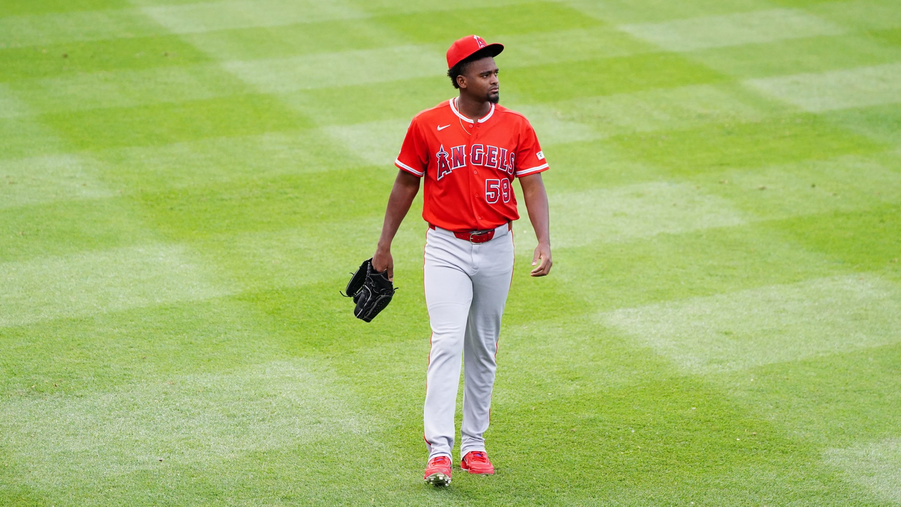 Jose Soriano of the Los Angeles Angels warms up in the outfield prior to the game between the Los Angeles Angels and the Chicago White Sox on April 28, 2026.