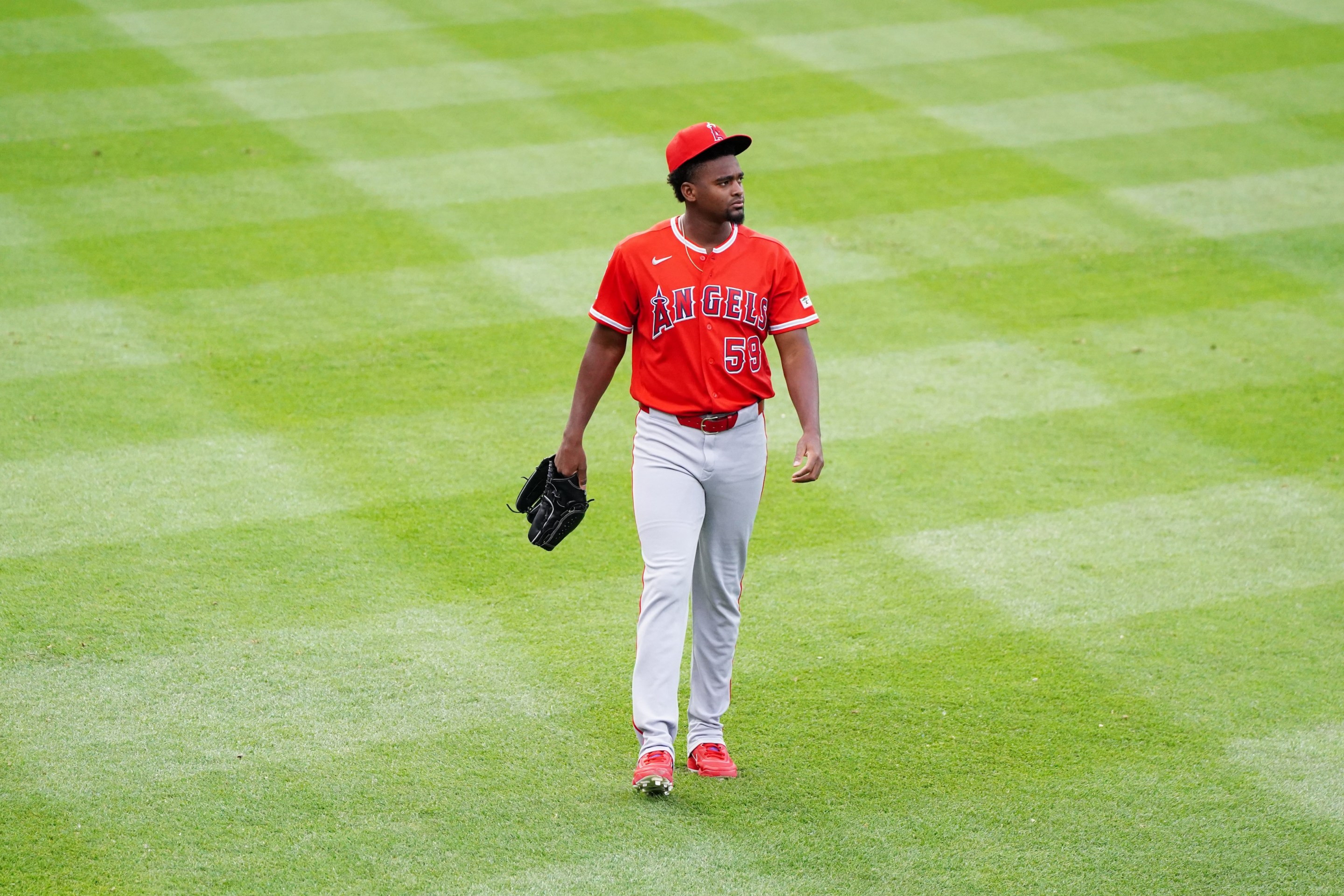 Jose Soriano of the Los Angeles Angels warms up in the outfield prior to the game between the Los Angeles Angels and the Chicago White Sox on April 28, 2026.