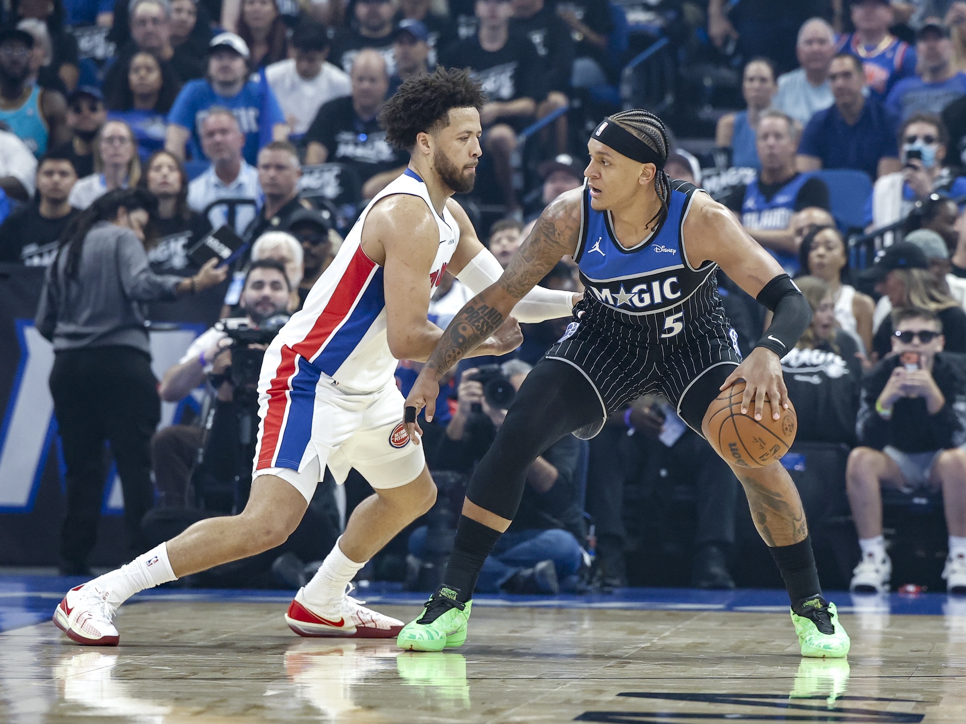 Paolo Banchero backs down in the post in Game 3 against Detroit.