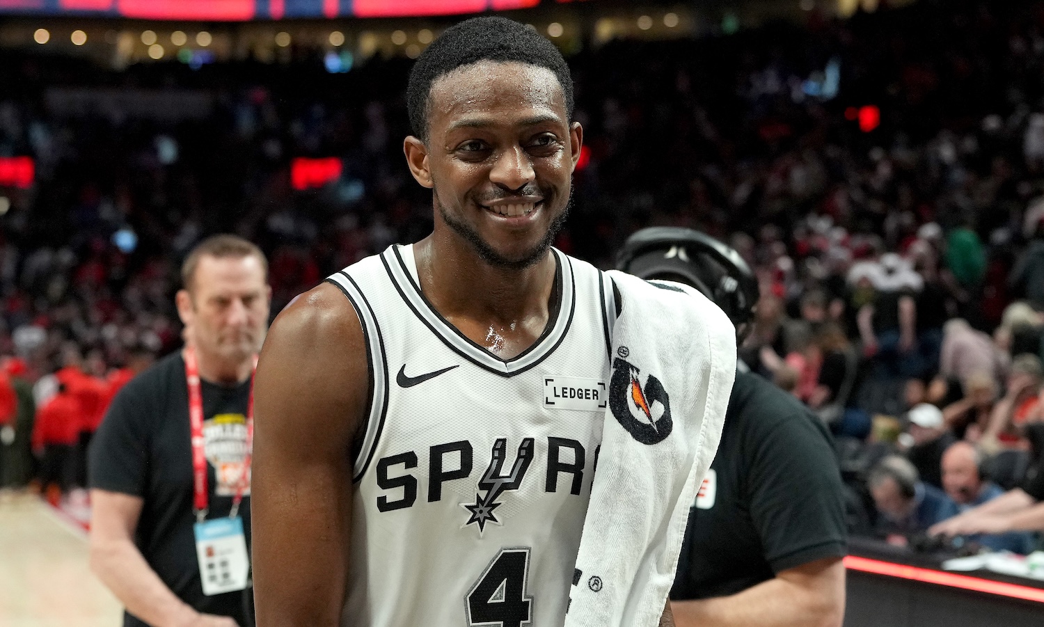 PORTLAND, OREGON - APRIL 26: De'Aaron Fox #4 of the San Antonio Spurs walks off the court after a 114-93 win over the Portland Trail Blazers in Game Four of the Western Conference First Round Playoffs at Moda Center on April 26, 2026 in Portland, Oregon. NOTE TO USER: User expressly acknowledges and agrees that, by downloading and or using this photograph, User is consenting to the terms and conditions of the Getty Images License Agreement. (Photo by Soobum Im/Getty Images)