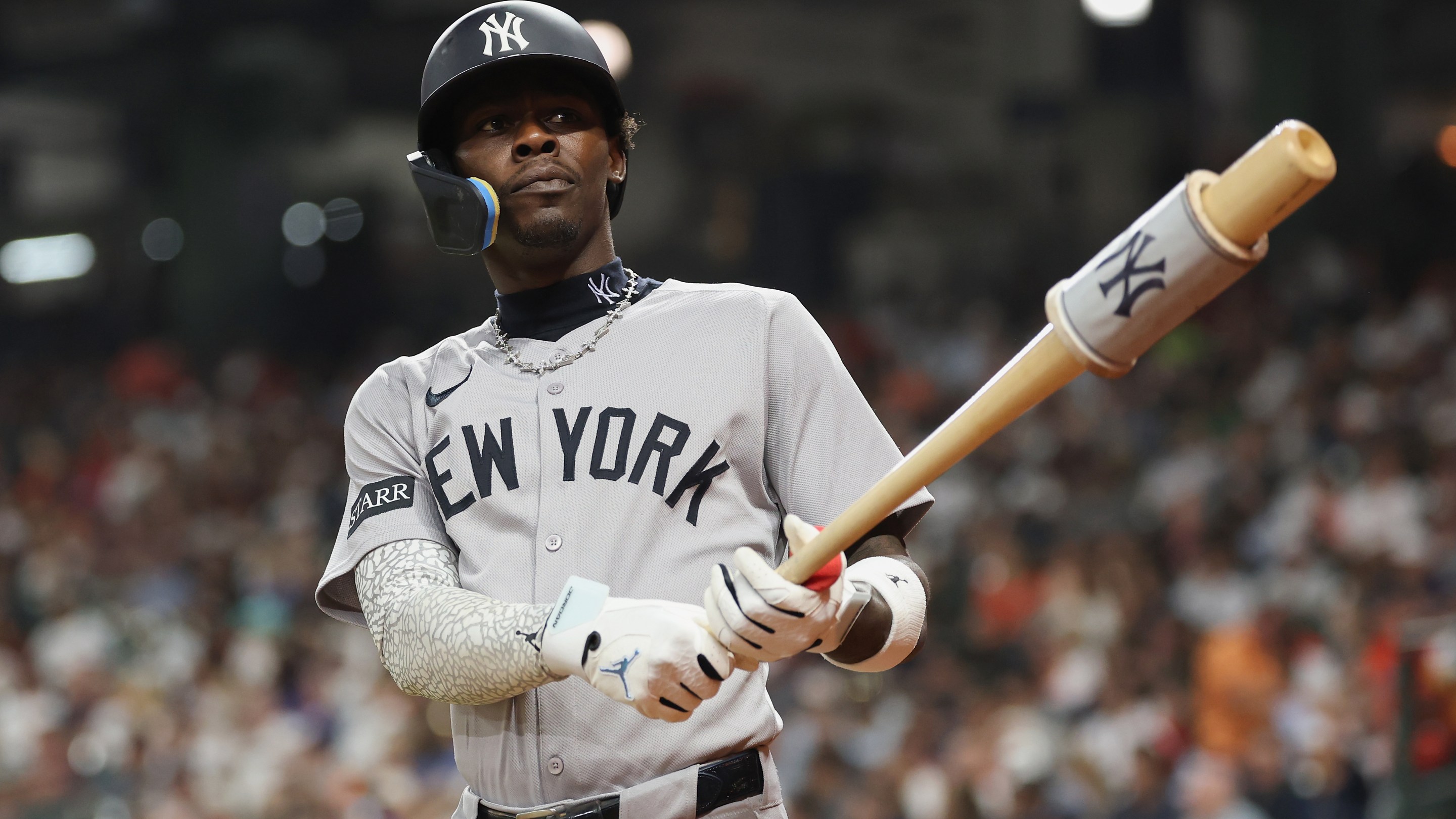 HOUSTON, TEXAS - APRIL 24: Jazz Chisholm Jr. #13 of the New York Yankees stands on deck in the third inning against the Houston Astros at Daikin Park on April 24, 2026 in Houston, Texas. (Photo by Tim Warner/Getty Images)