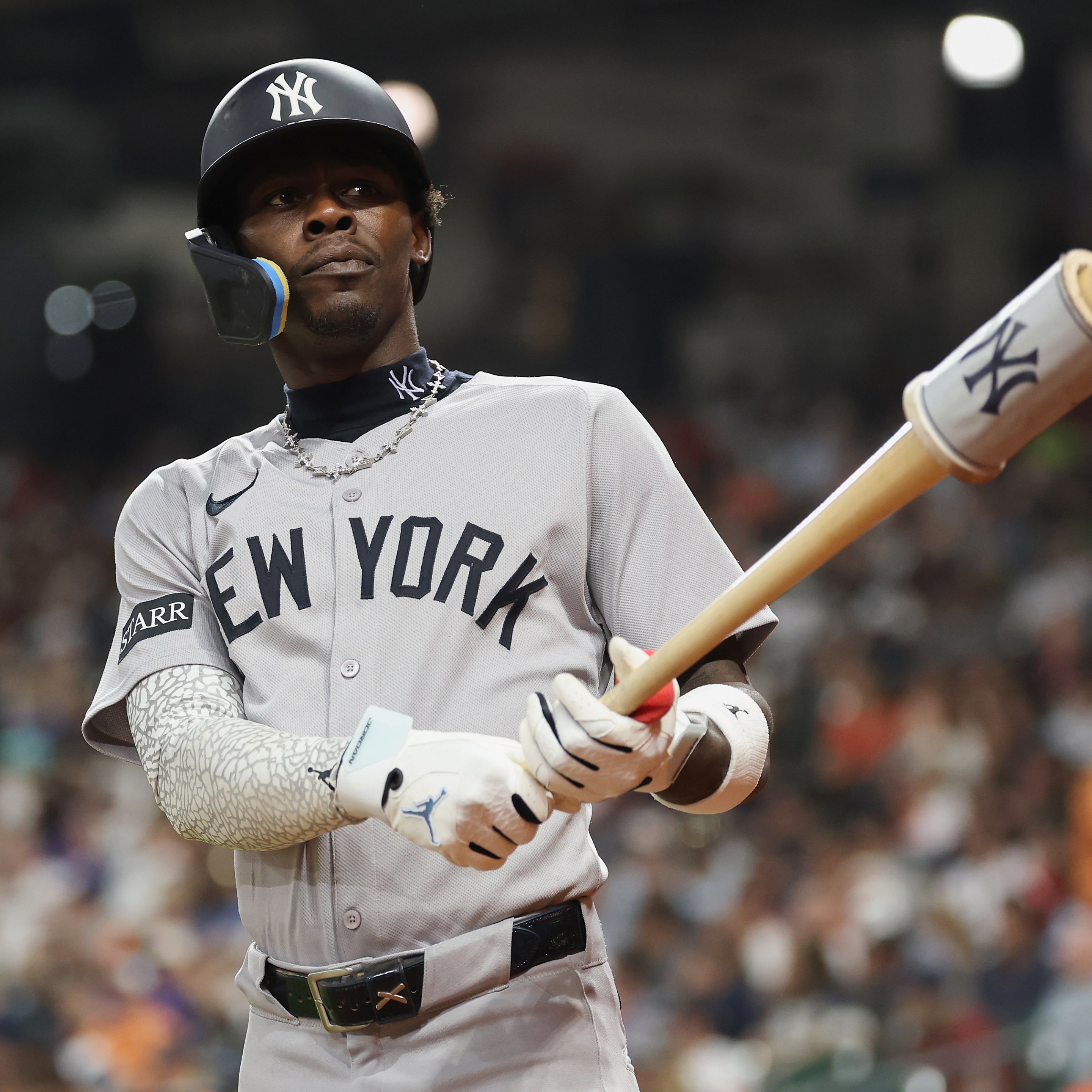 HOUSTON, TEXAS - APRIL 24: Jazz Chisholm Jr. #13 of the New York Yankees stands on deck in the third inning against the Houston Astros at Daikin Park on April 24, 2026 in Houston, Texas. (Photo by Tim Warner/Getty Images)