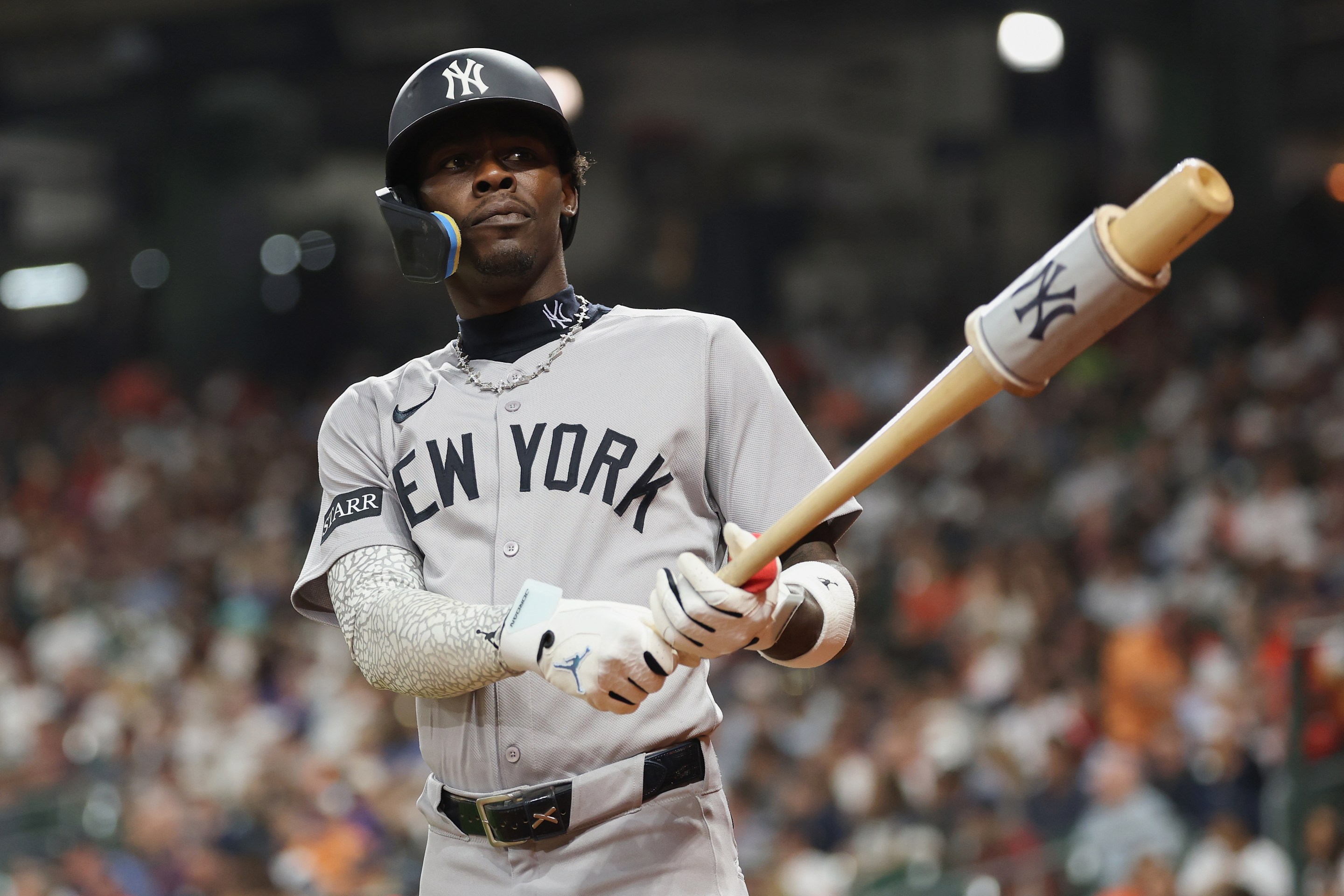 HOUSTON, TEXAS - APRIL 24: Jazz Chisholm Jr. #13 of the New York Yankees stands on deck in the third inning against the Houston Astros at Daikin Park on April 24, 2026 in Houston, Texas. (Photo by Tim Warner/Getty Images)