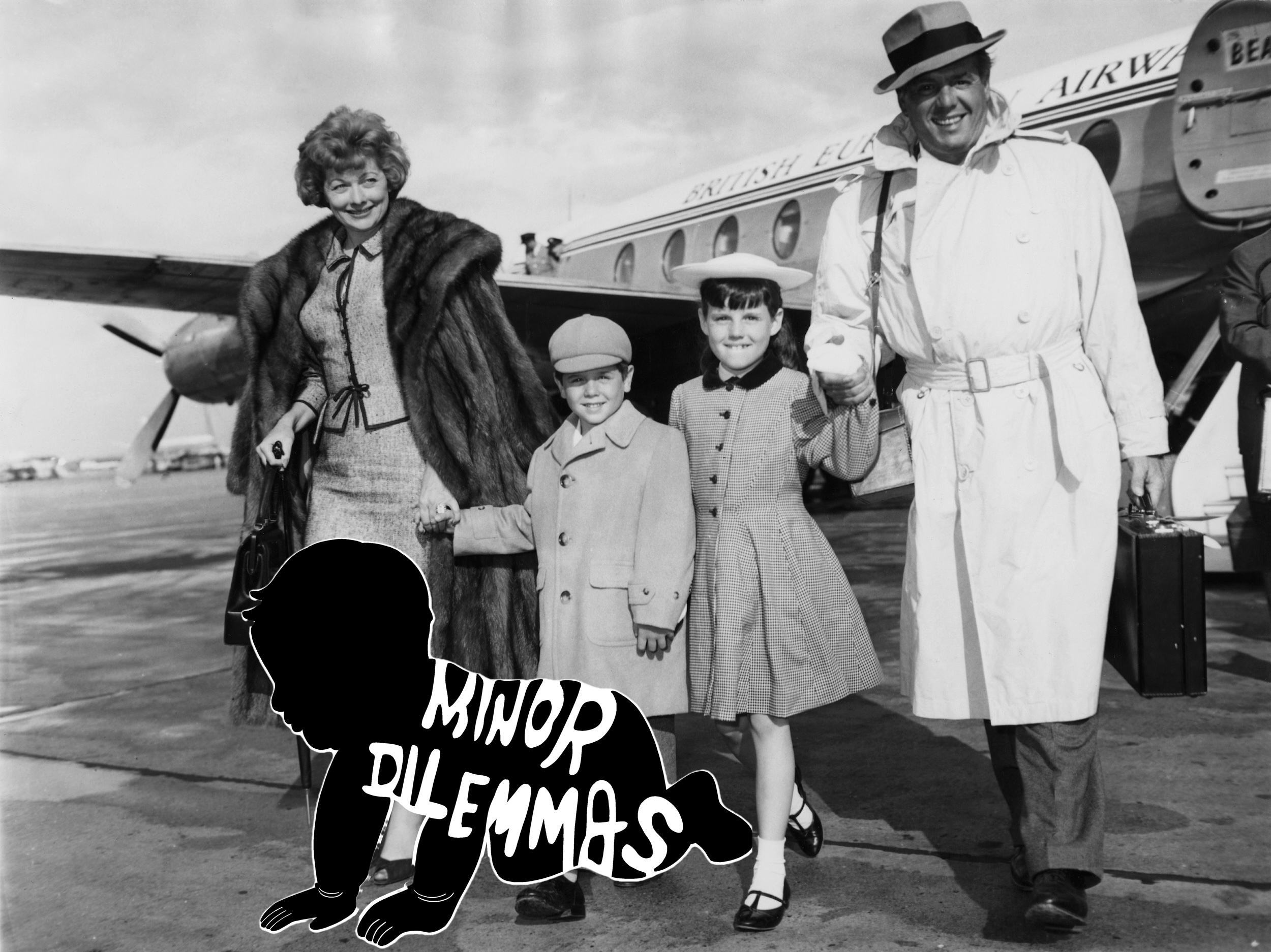 A black and white photo of Lucille Ball and Desi Arnaz walking from a plane on the tarmac with their children. The black and white Minor Dilemmas logo sits in the middle of the photo
