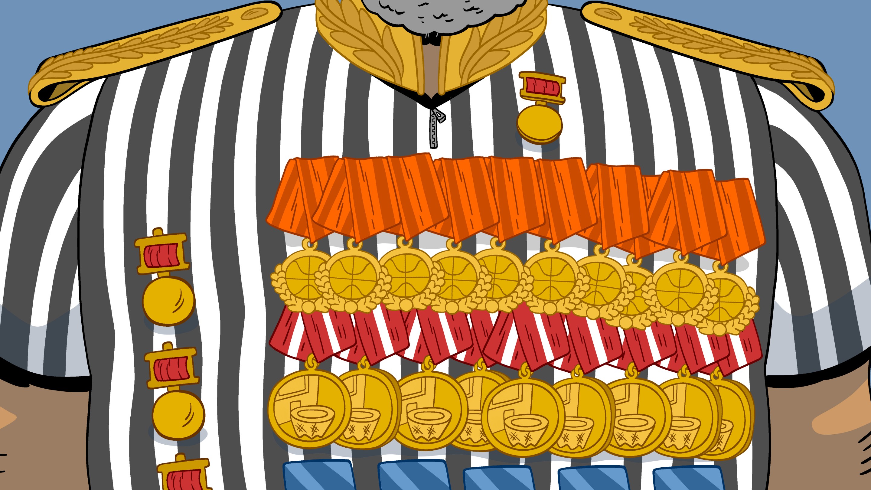 An illustration of a referee's shirt with an absurd number of military-style medals pinned to it
