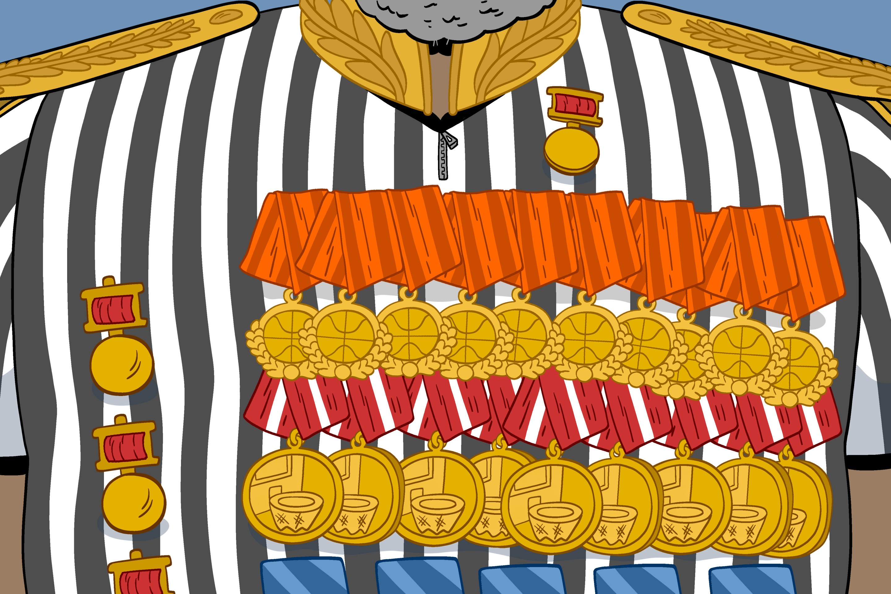 An illustration of a referee's shirt with an absurd number of military-style medals pinned to it