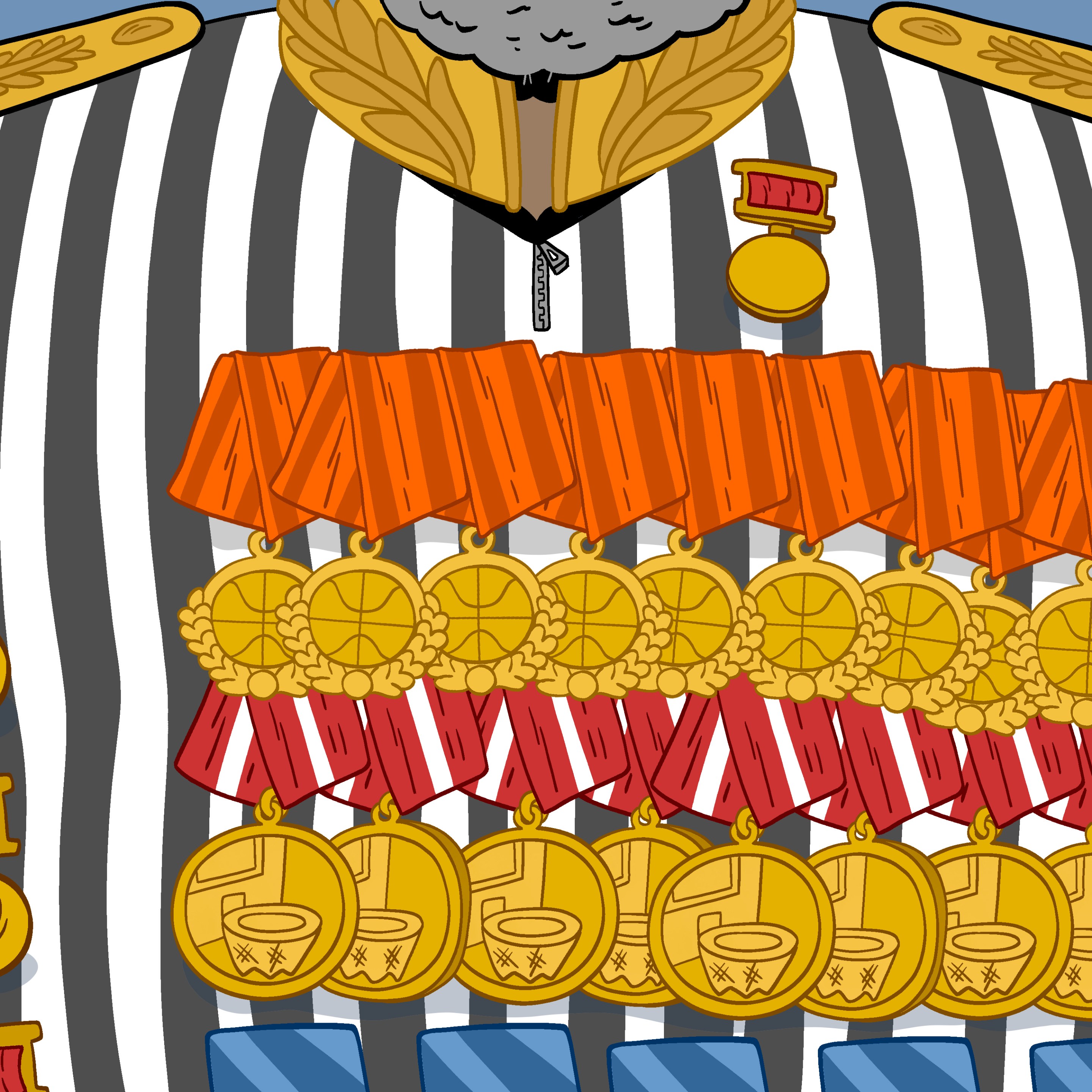 An illustration of a referee's shirt with an absurd number of military-style medals pinned to it