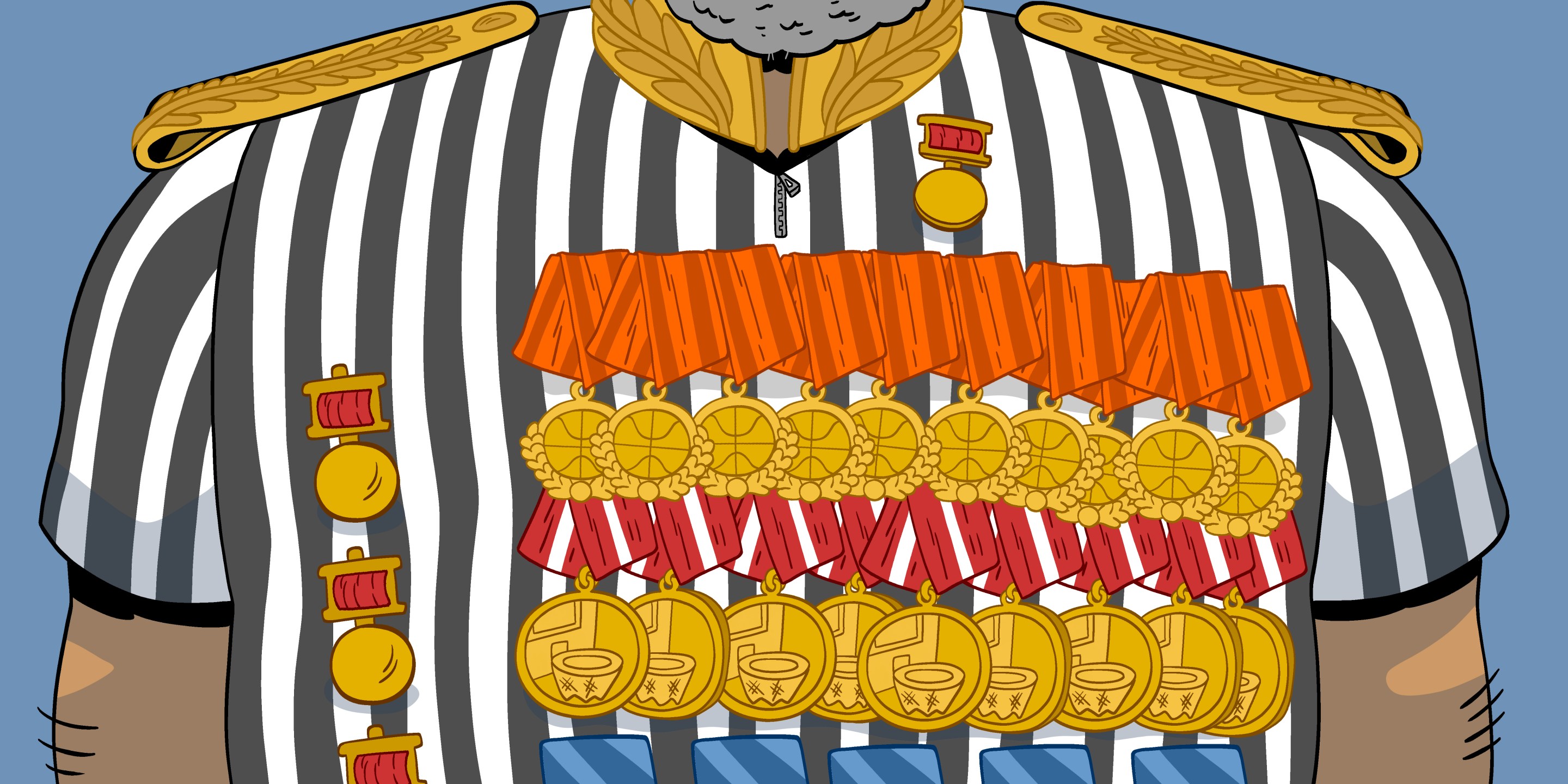 An illustration of a referee's shirt with an absurd number of military-style medals pinned to it