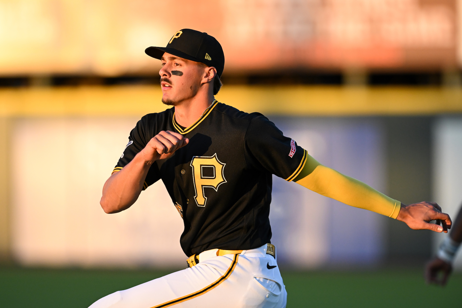 Konnor Griffin #75 of the Pittsburgh Pirates warms up prior to a spring training game.