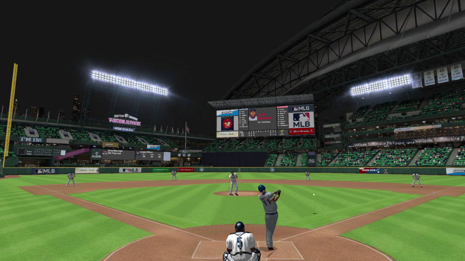A screenshot of OOTP 27, showing Jose Ramirez hitting against Logan Gilbert