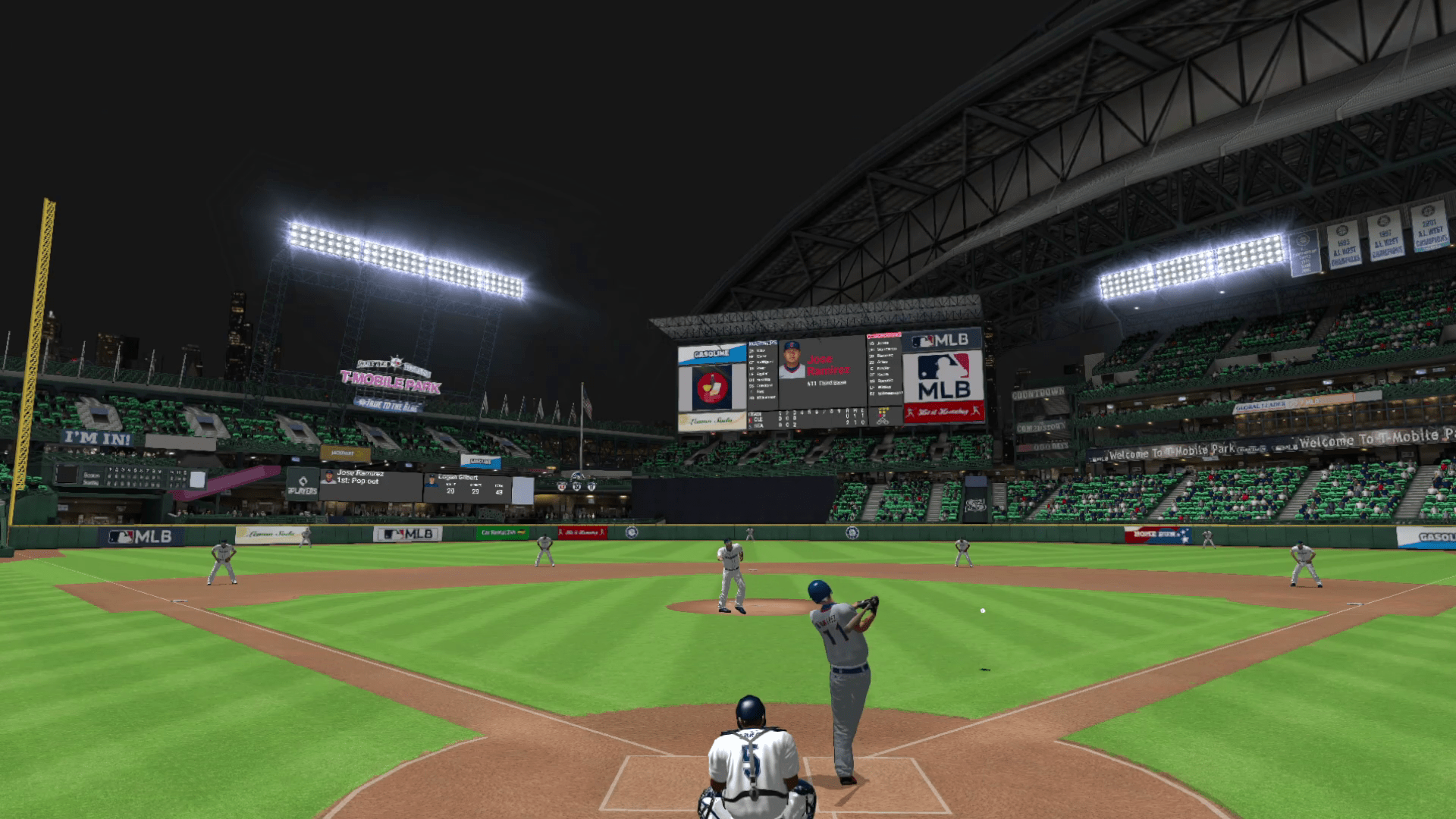 A screenshot of OOTP 27, showing Jose Ramirez hitting against Logan Gilbert