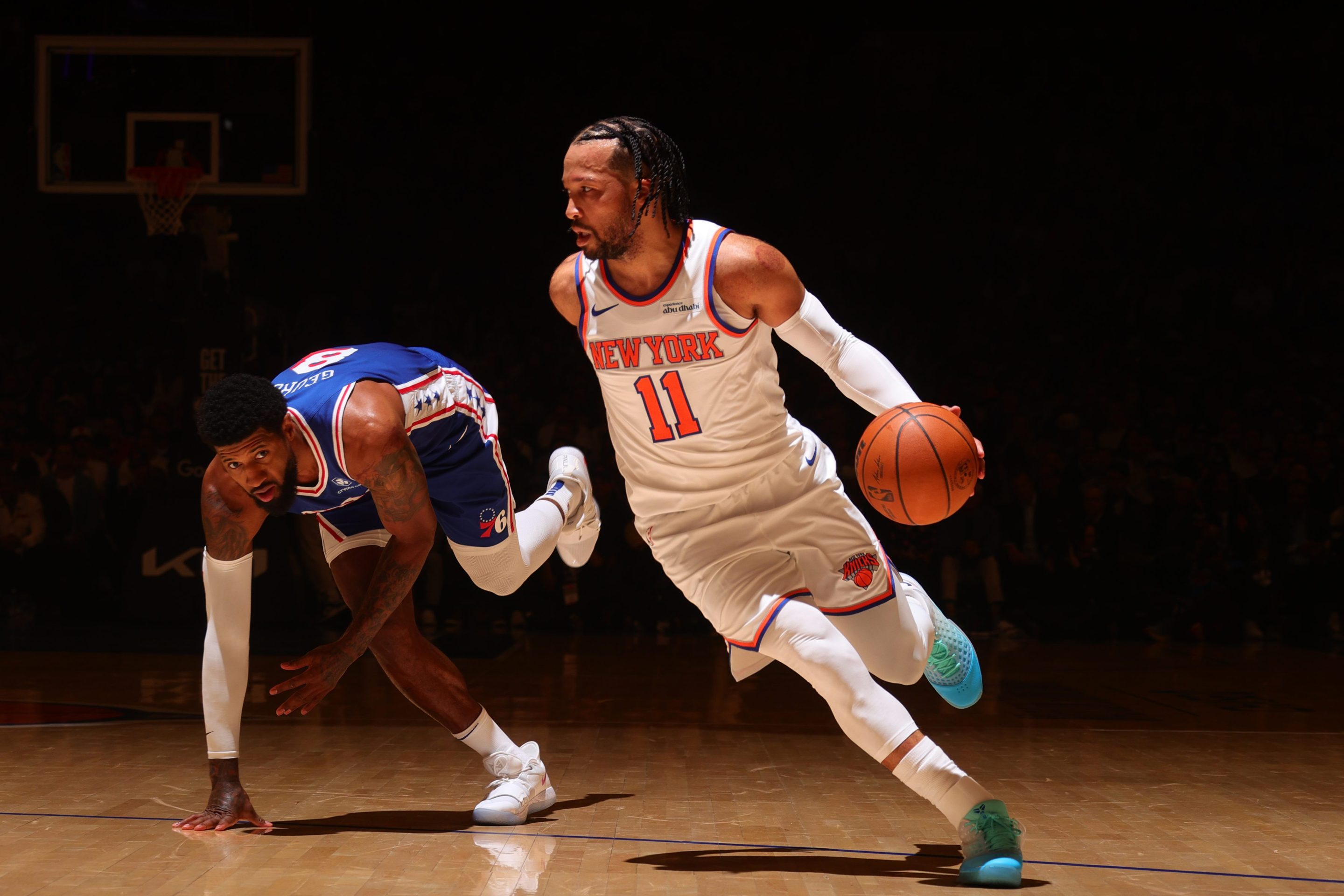 Jalen Brunson #11 of the New York Knicks drives to the basket during the game against the Philadelphia 76ers during Round Two Game One of the 2026 NBA Playoffs on May 4, 2026 at Madison Square Garden in New York City, New York. NOTE TO USER: User expressly acknowledges and agrees that, by downloading and or using this photograph, User is consenting to the terms and conditions of the Getty Images License Agreement. Mandatory Copyright Notice: Copyright 2026 NBAE (Photo by Nathaniel S. Butler/NBAE via Getty Images)