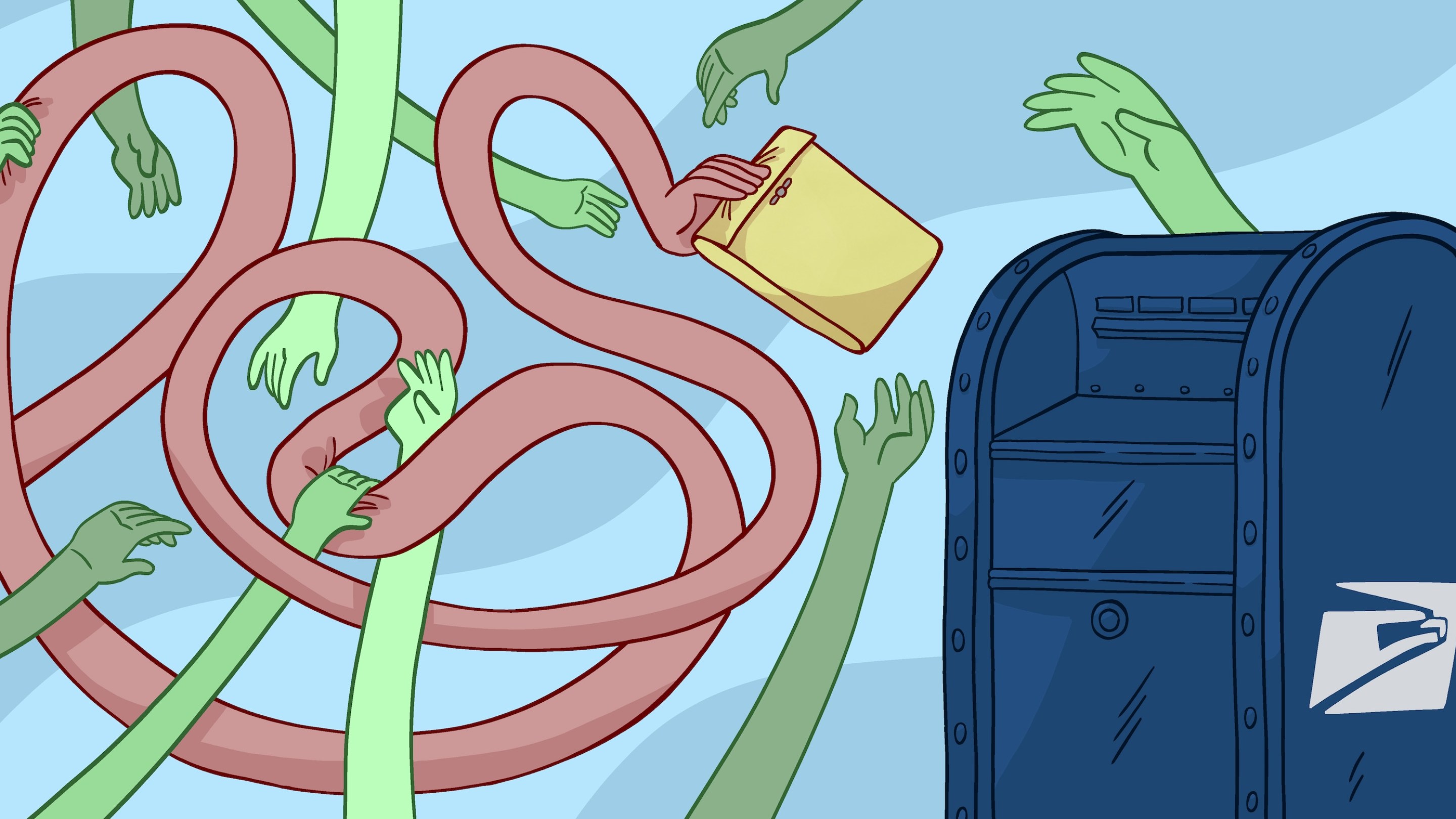 An illustration of a hand taking a circuitous route to a mailbox to send in a tax return, while a number of other hands try to block it.