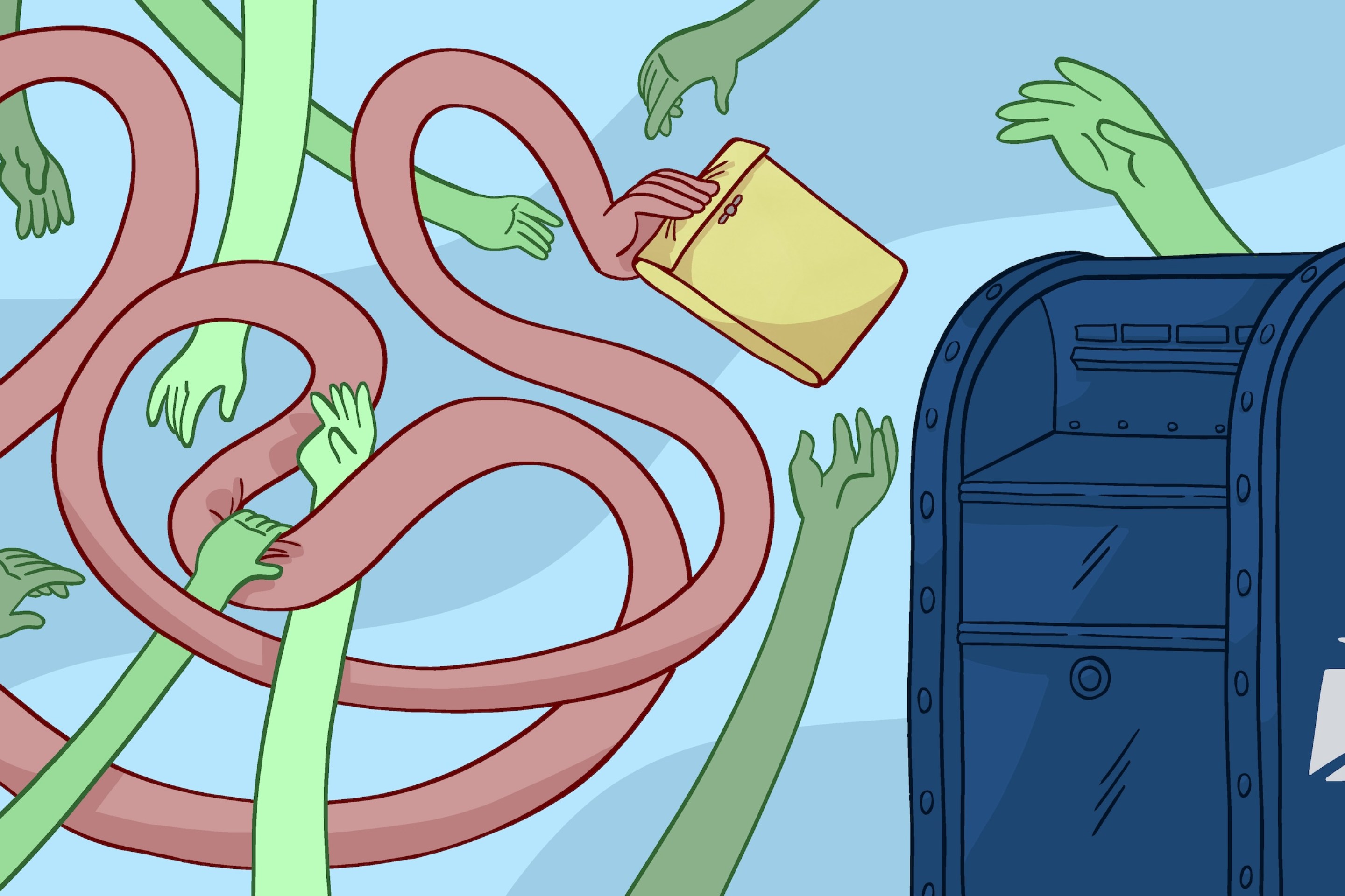 An illustration of a hand taking a circuitous route to a mailbox to send in a tax return, while a number of other hands try to block it.