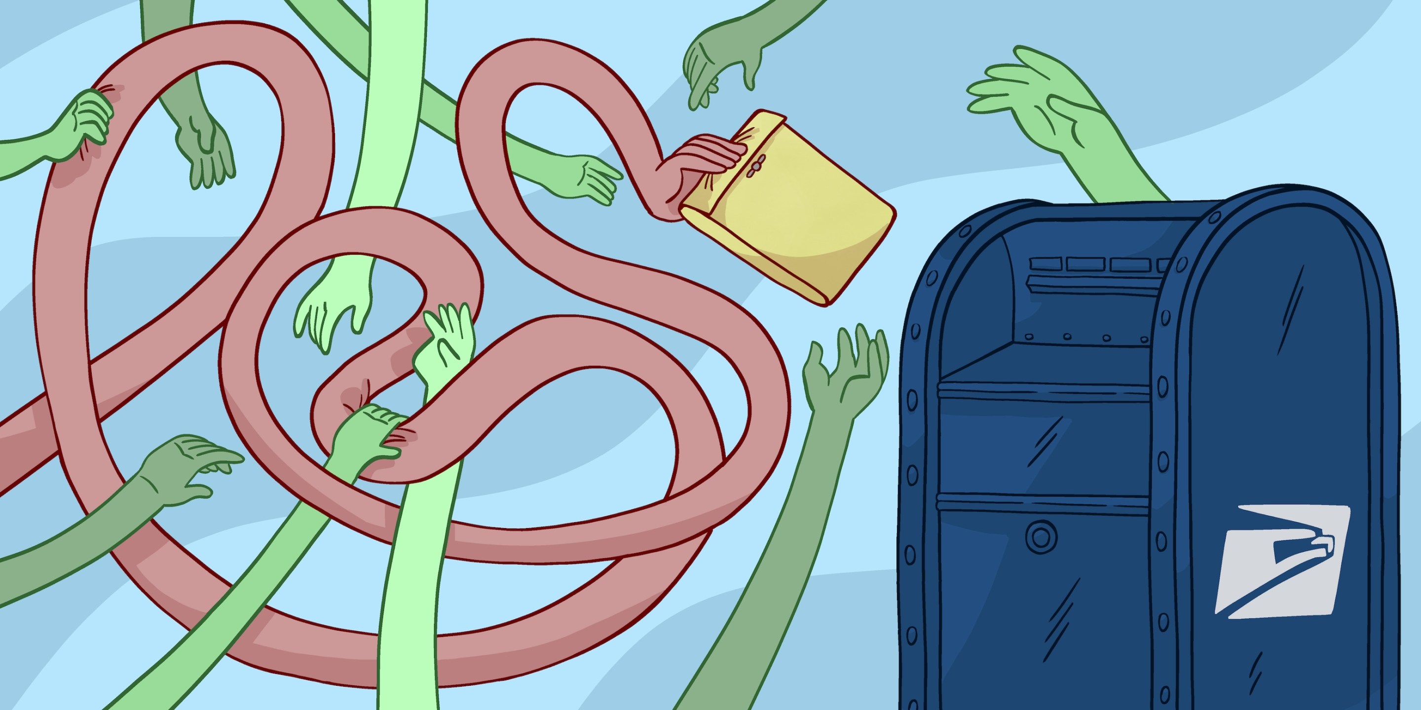 An illustration of a hand taking a circuitous route to a mailbox to send in a tax return, while a number of other hands try to block it.