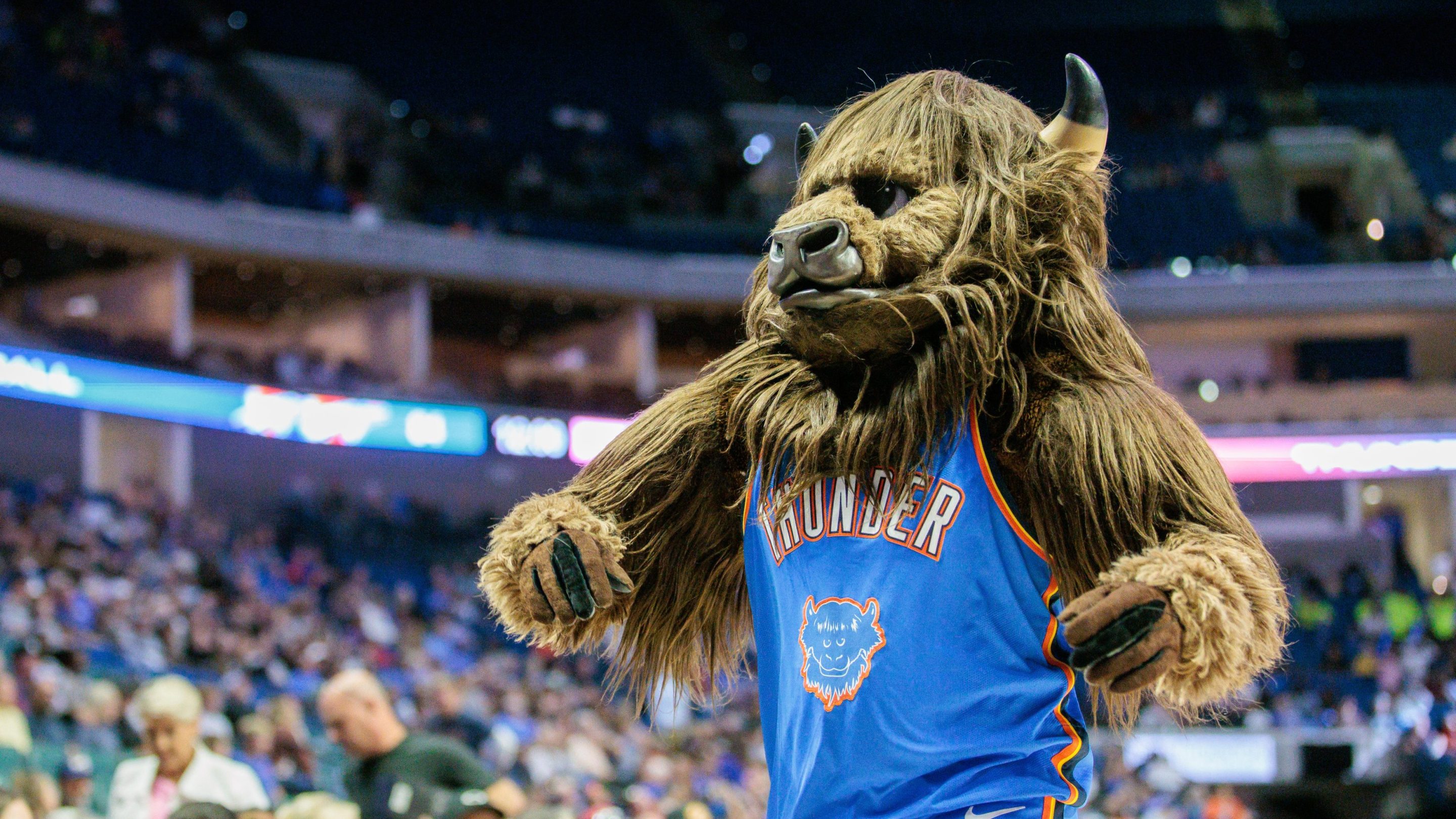 Oklahoma City Thunder mascot Bison performs during a break in play