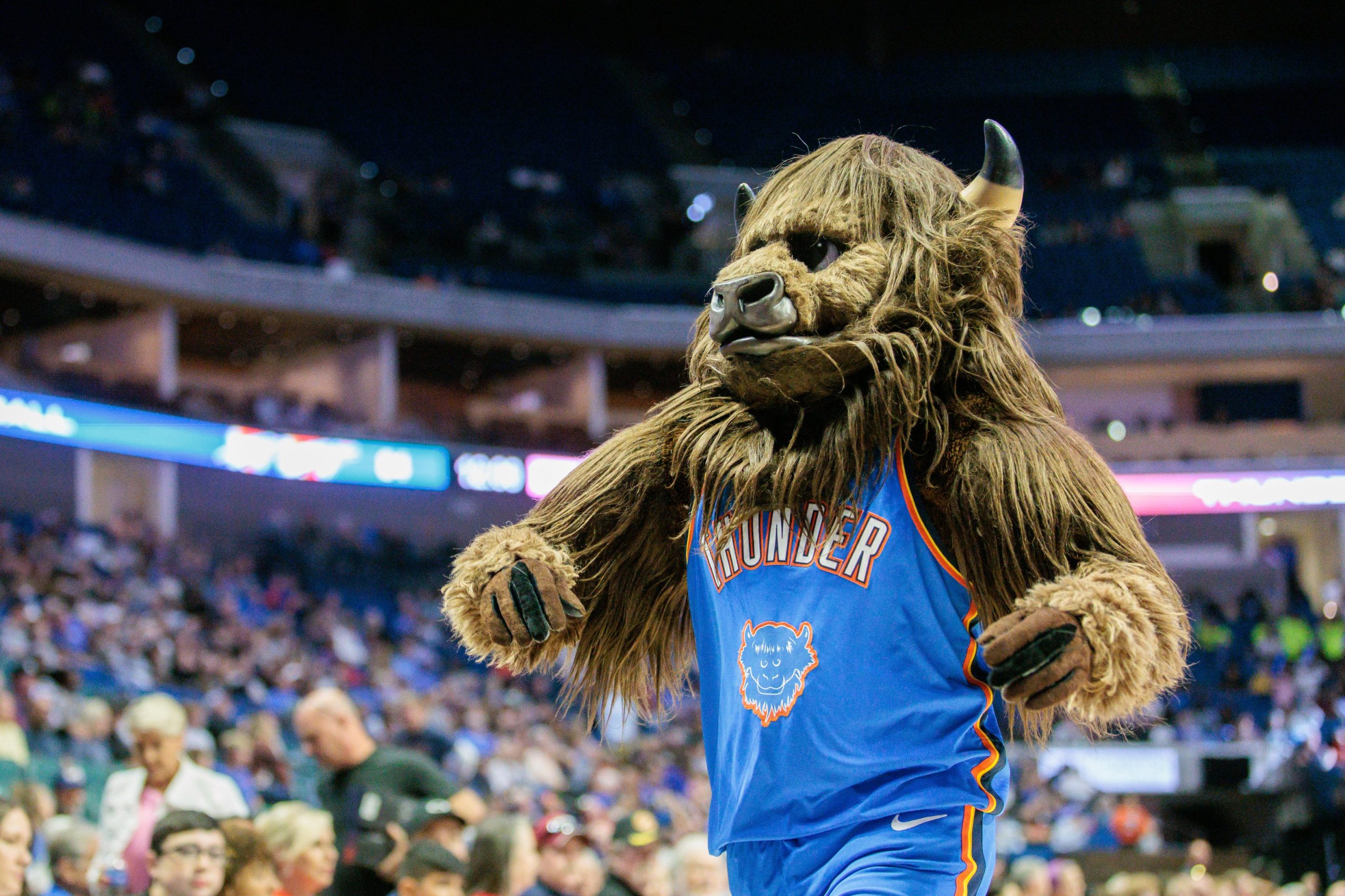 Oklahoma City Thunder mascot Bison performs during a break in play