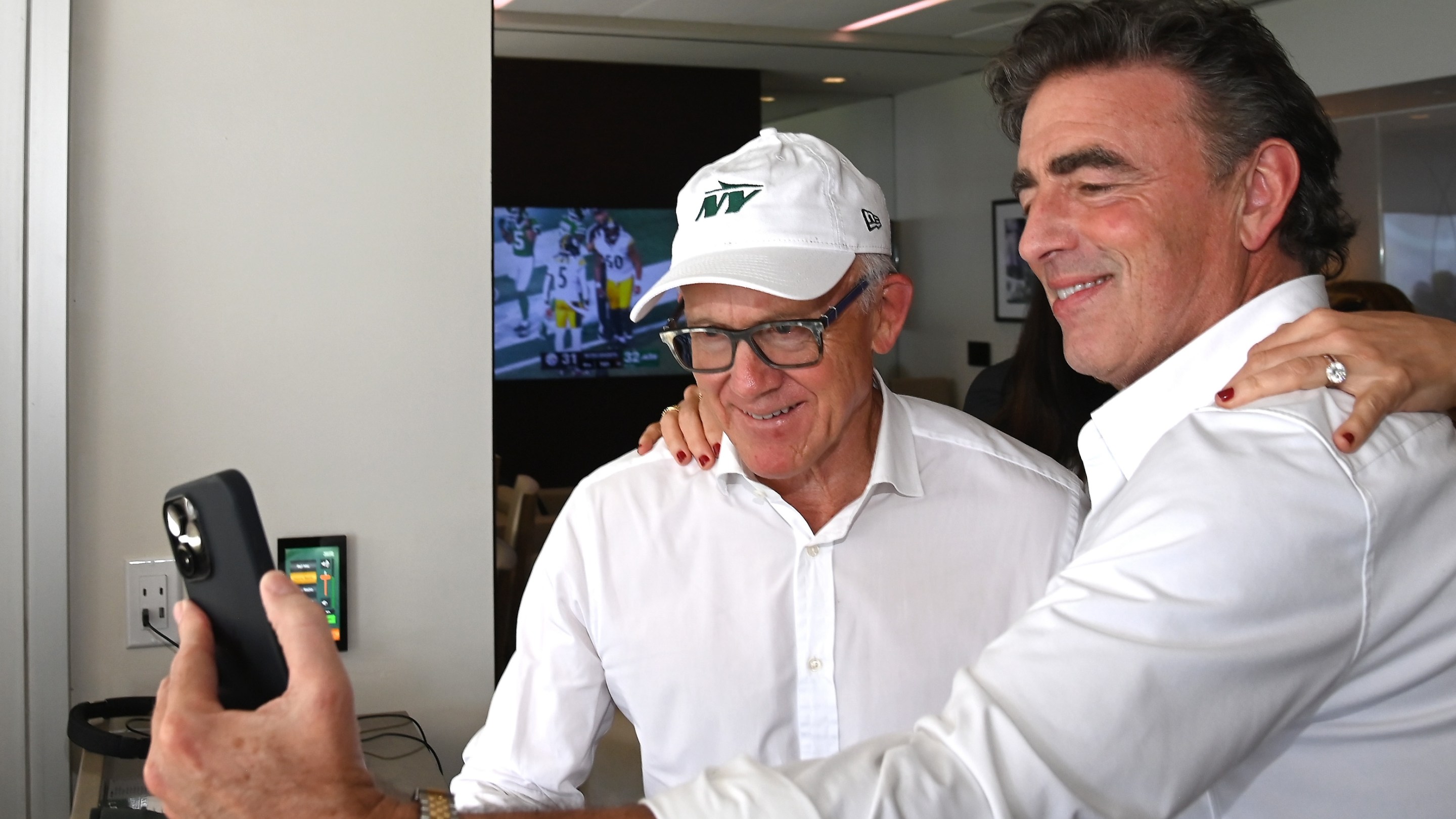 Jets owner Woody Johnson and Wyc Grousbeck are seen at Met Life Stadium on September 7, 2025 in East Rutherford, New Jersey.