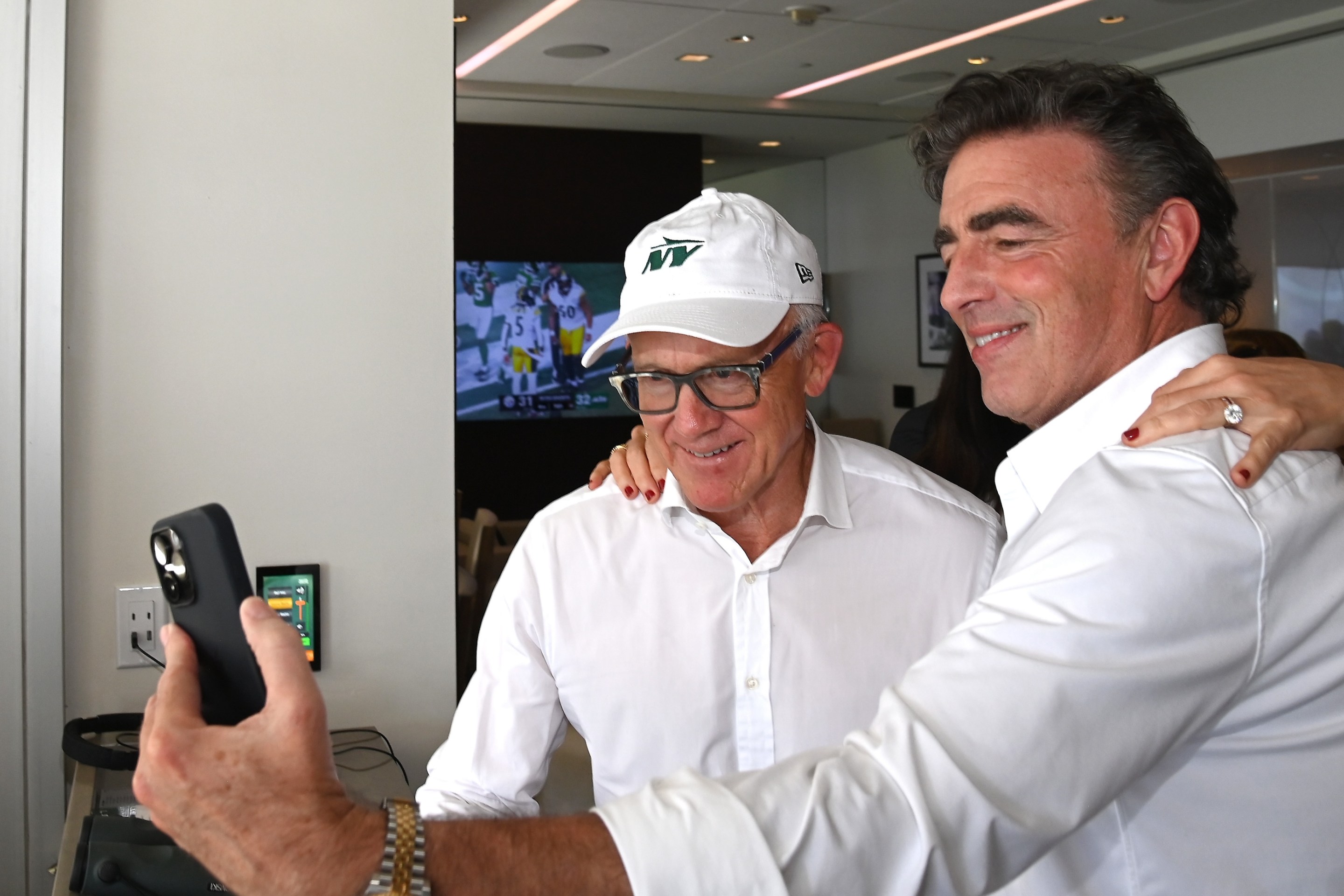 Jets owner Woody Johnson and Wyc Grousbeck are seen at Met Life Stadium on September 7, 2025 in East Rutherford, New Jersey.
