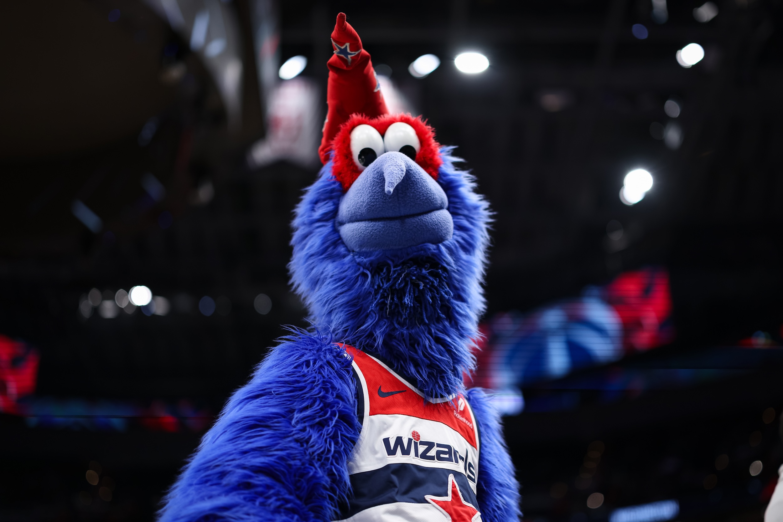 G-Wiz, the mascot of the Washington Wizards, stands courtside.