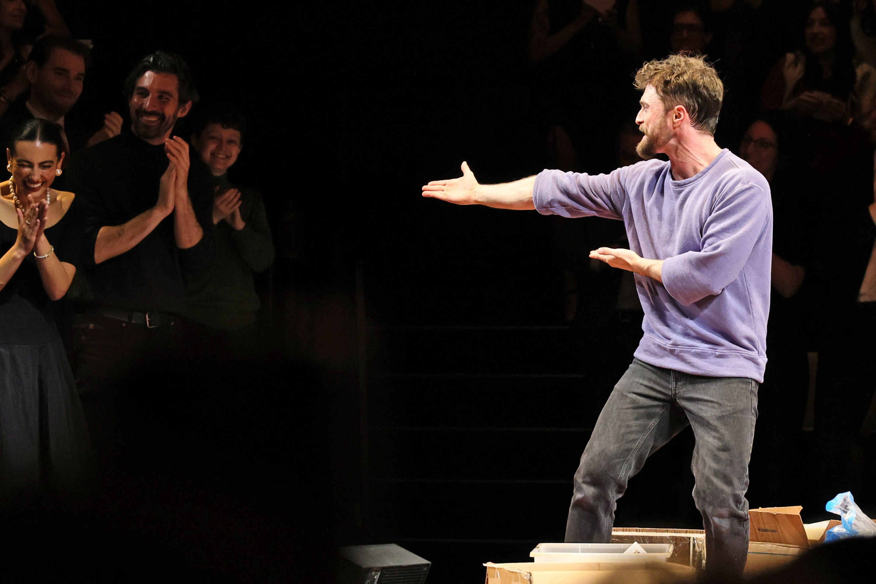 Daniel Radcliffe seen onstage during curtain call at "Every Brilliant Thing" Opening Night at Hudson Theatre on March 12, 2026 in New York City.