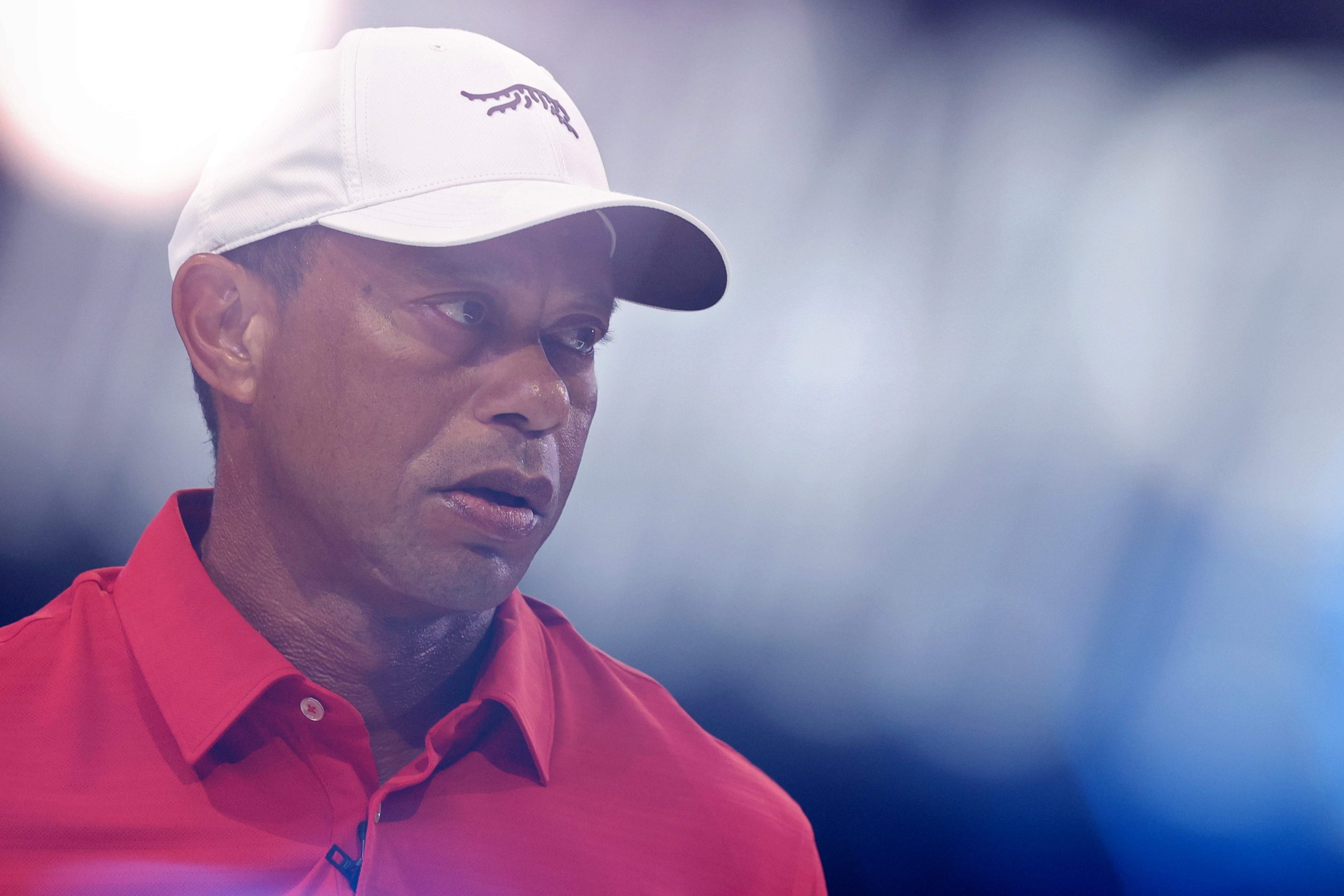 Tiger Woods of Jupiter Links Golf Club looks on before the match against the Los Angeles Golf Club at SoFi Center on March 24, 2026 in Palm Beach Gardens, Florida.