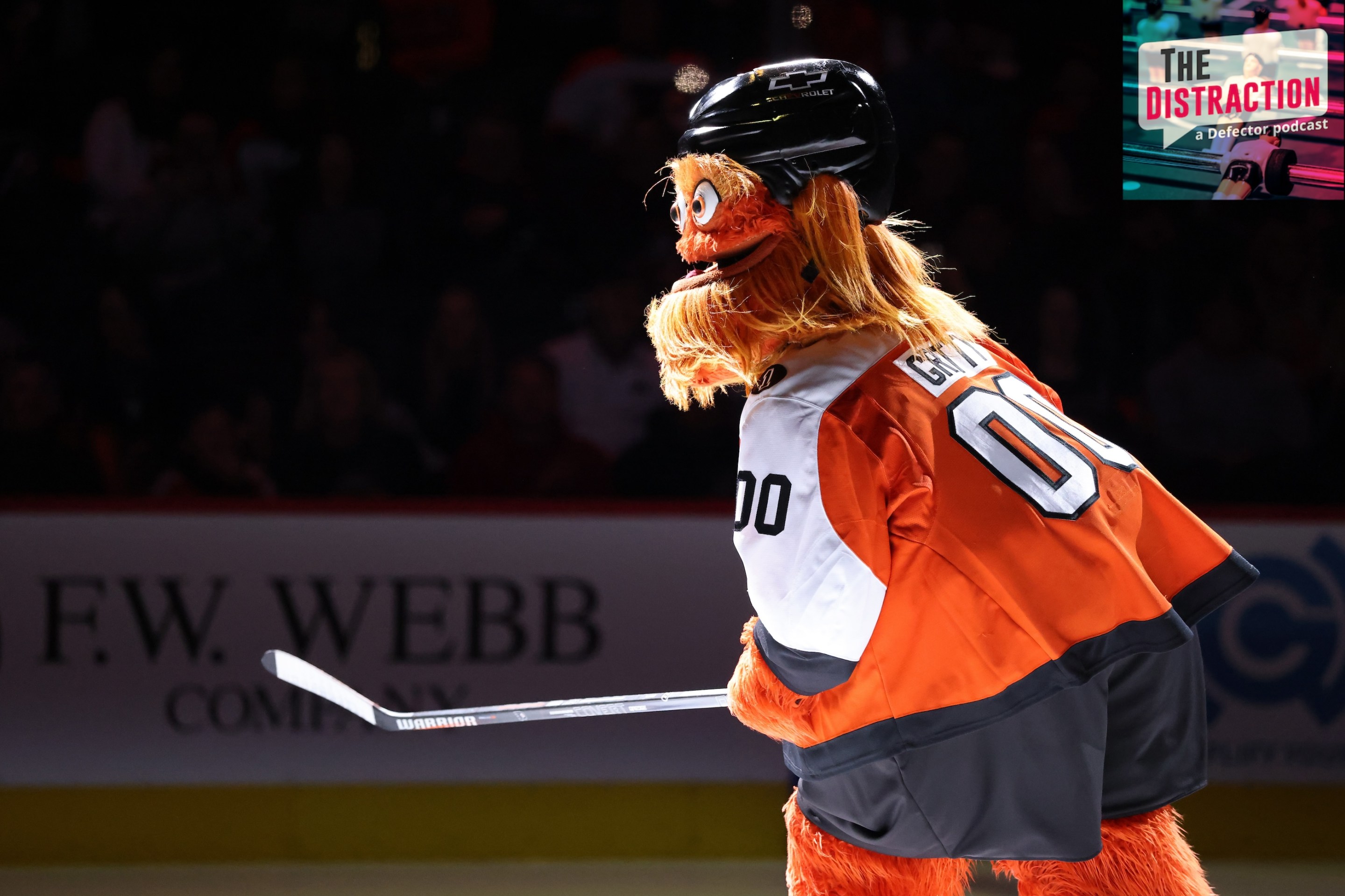 Gritty the mascot of the Philadelphia Flyers skates onto the ice prior to an NHL game against the Dallas Stars at the Xfinity Mobile Arena on March 29, 2026 in Philadelphia, Pennsylvania.