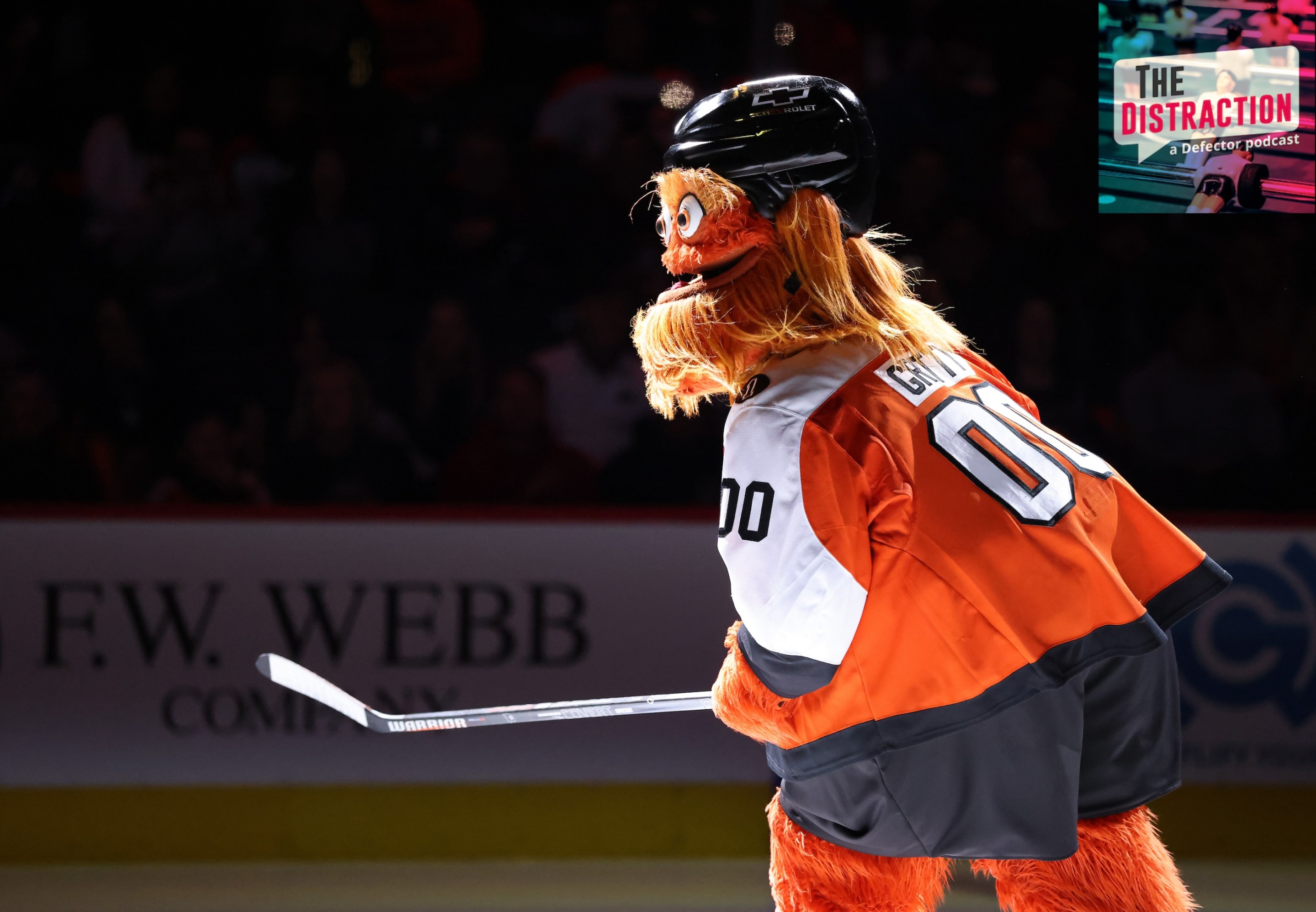 Gritty the mascot of the Philadelphia Flyers skates onto the ice prior to an NHL game against the Dallas Stars at the Xfinity Mobile Arena on March 29, 2026 in Philadelphia, Pennsylvania.