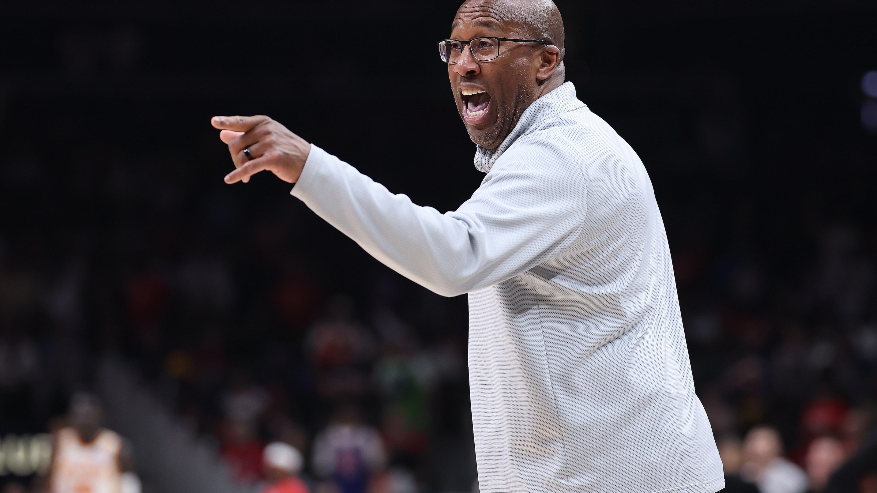 Head coach Mike Brown of the New York Knicks reacts against the Atlanta Hawks during the first quarter of game four of the Eastern Conference first round playoffs.