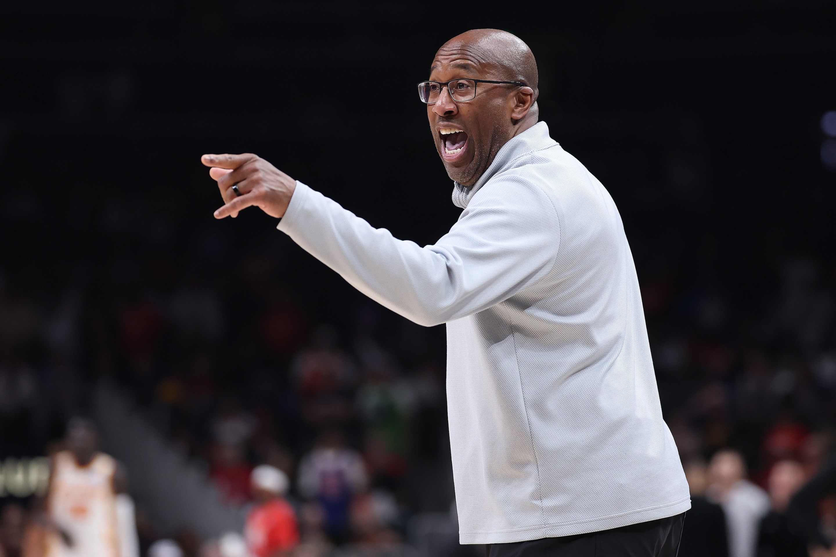 Head coach Mike Brown of the New York Knicks reacts against the Atlanta Hawks during the first quarter of game four of the Eastern Conference first round playoffs.