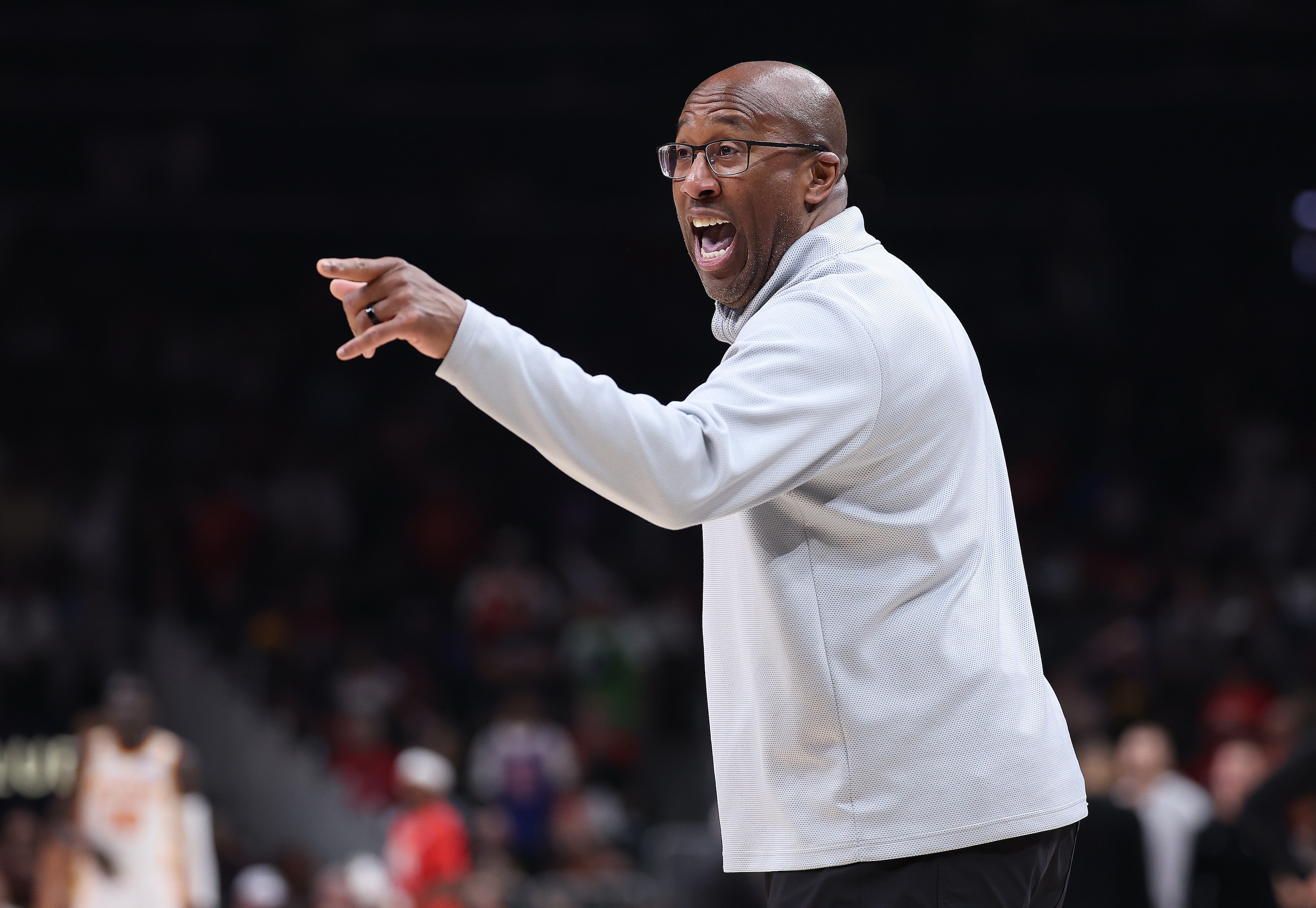 Head coach Mike Brown of the New York Knicks reacts against the Atlanta Hawks during the first quarter of game four of the Eastern Conference first round playoffs.